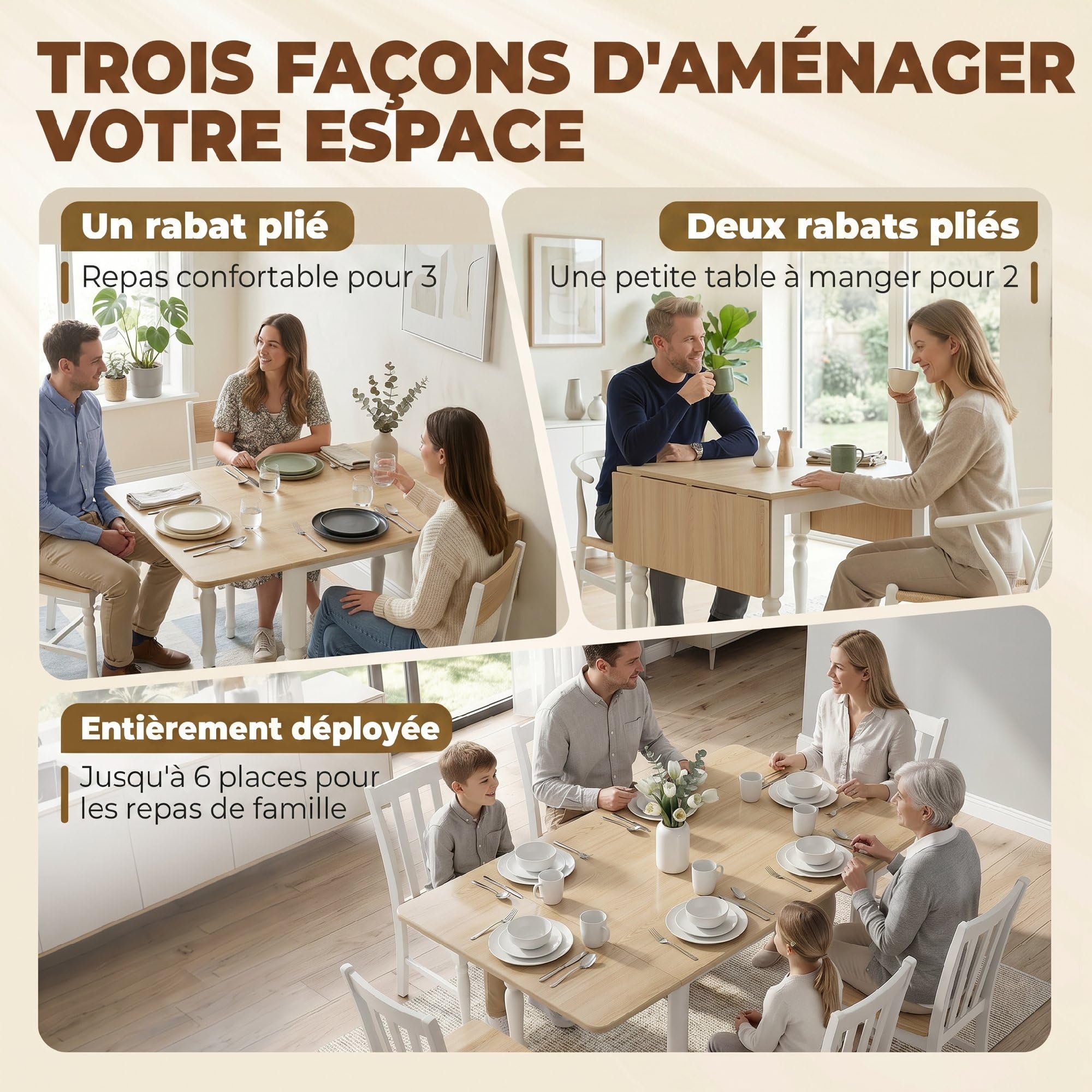 HOMCOM Table à Manger Pliante pour 2 à 6 per. 74-134 cm, Acier, Naturel