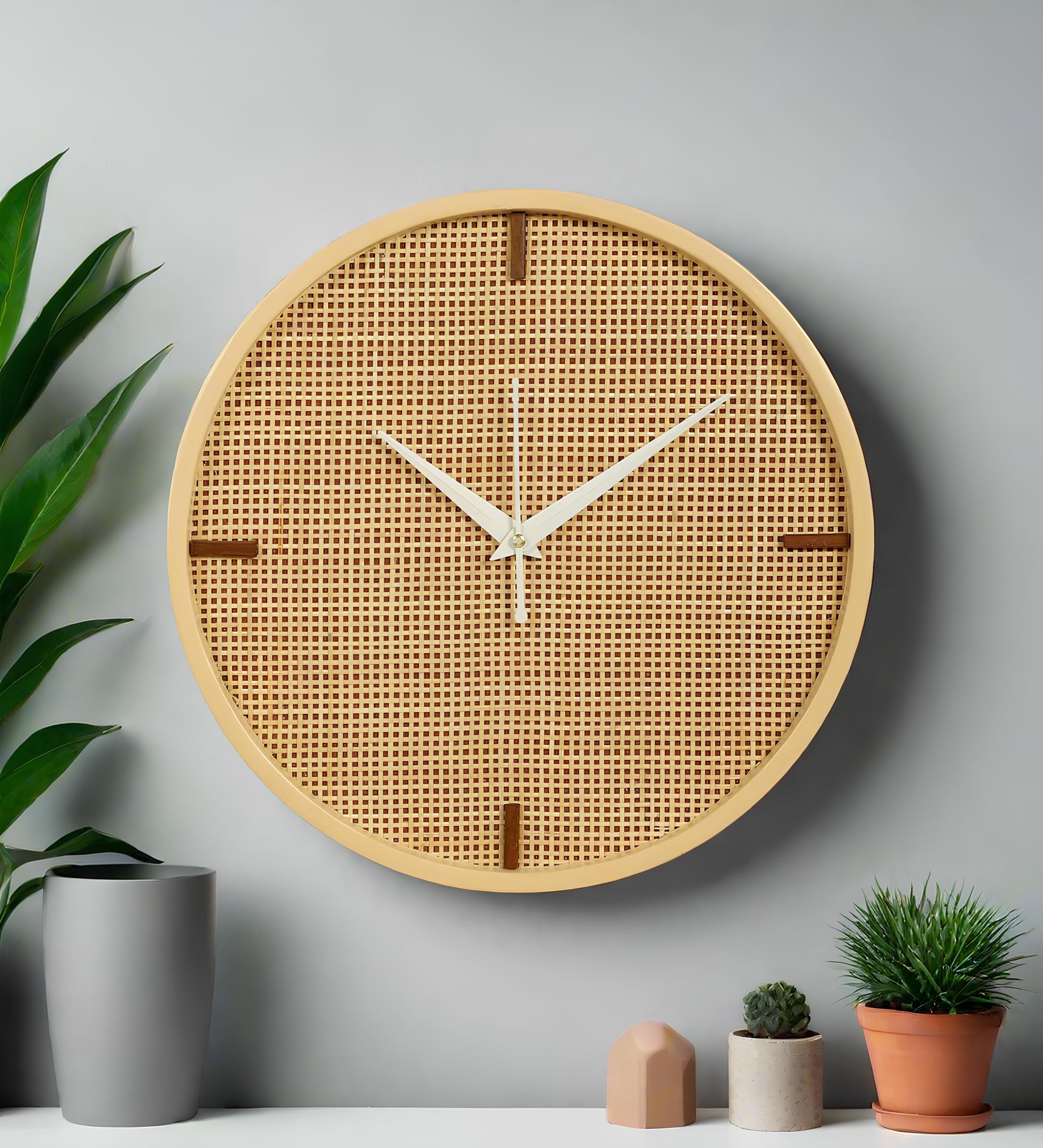 AKWAY Rattan Wall Clock for Living Room Stylish - Handwoven Bamboo Clock for Home, Kitchen, Hall | Boho Decorative Round Wicker Wall Clock for Living Room (30cm Dia) - Soleil-image-13