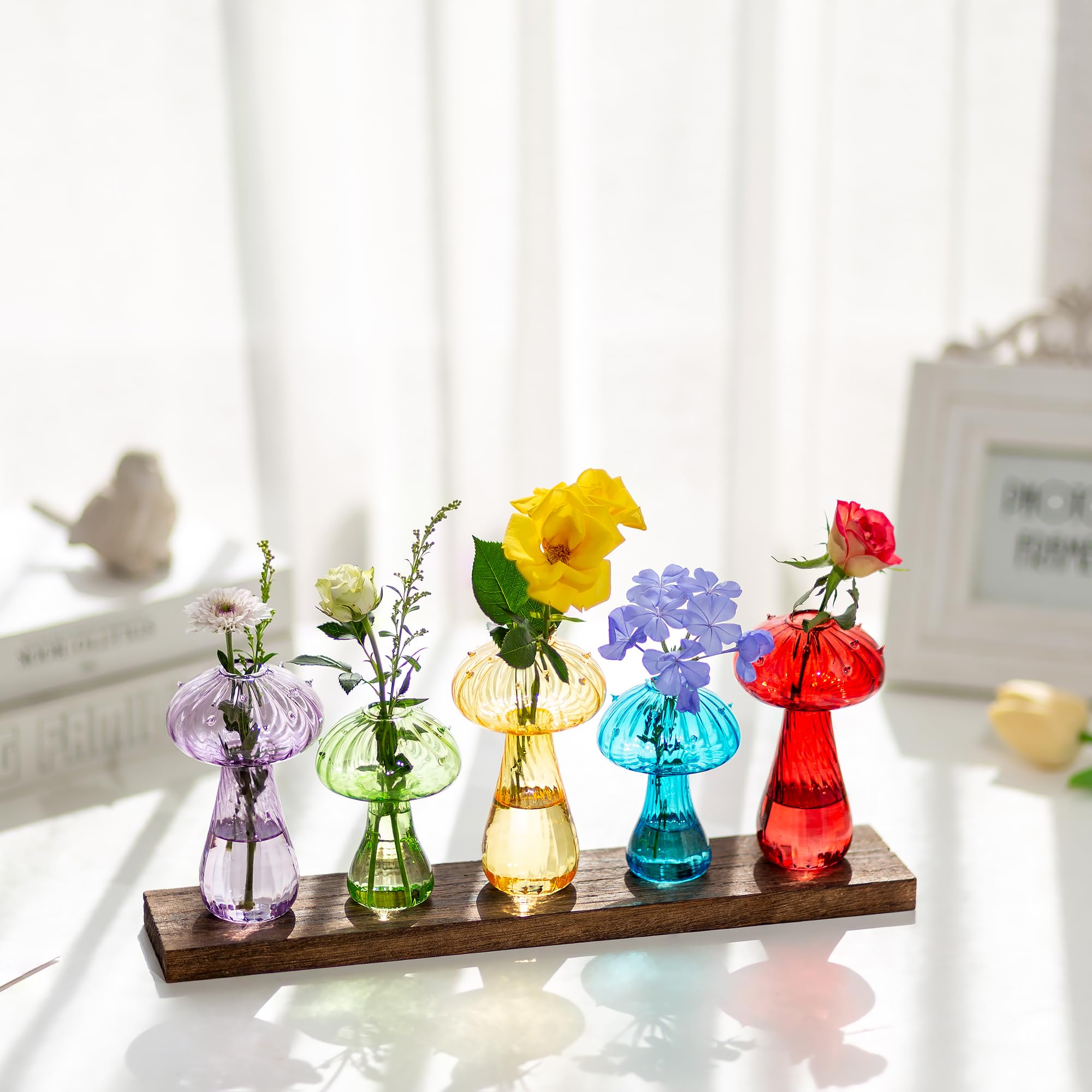 Glasseam Mushroom Flower Vase, Glass Vases for Flowers Set of 5, Modern Propagation Station with Wood - Image 4