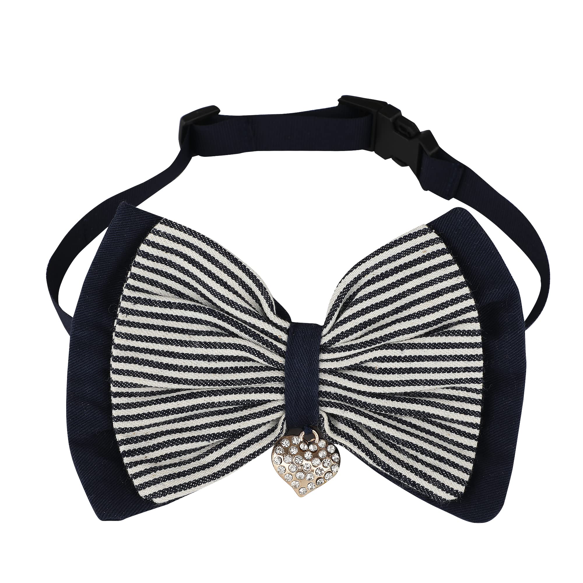 Lulala Dog Stripped Bow with inbuit Pendent Cat Classic Neck Tie Dog Tuxedo Bow Tie Stripped Collar with, Dog Costumes Bowties for Dogs Wedding Valentines Suit Groom(M,Navy Blue-White)