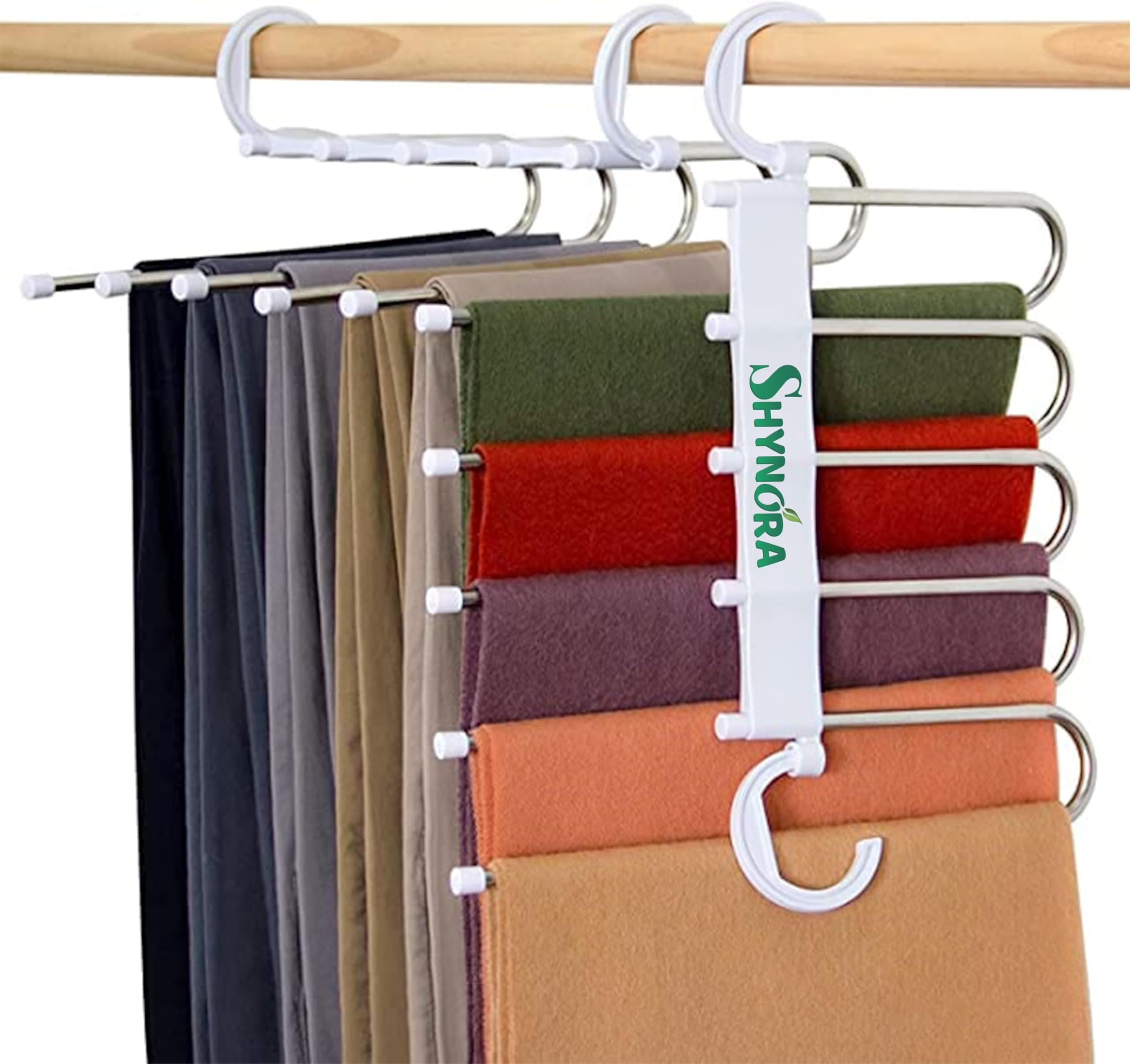 - 2-Pack Multipurpose 5 in 1 Hangers, Stainless Steel Fordable Hangers for All Types of Clothes, Multilayer Pant Hanger for Wardrobe, Multipurpose Hanger Organizer (White)