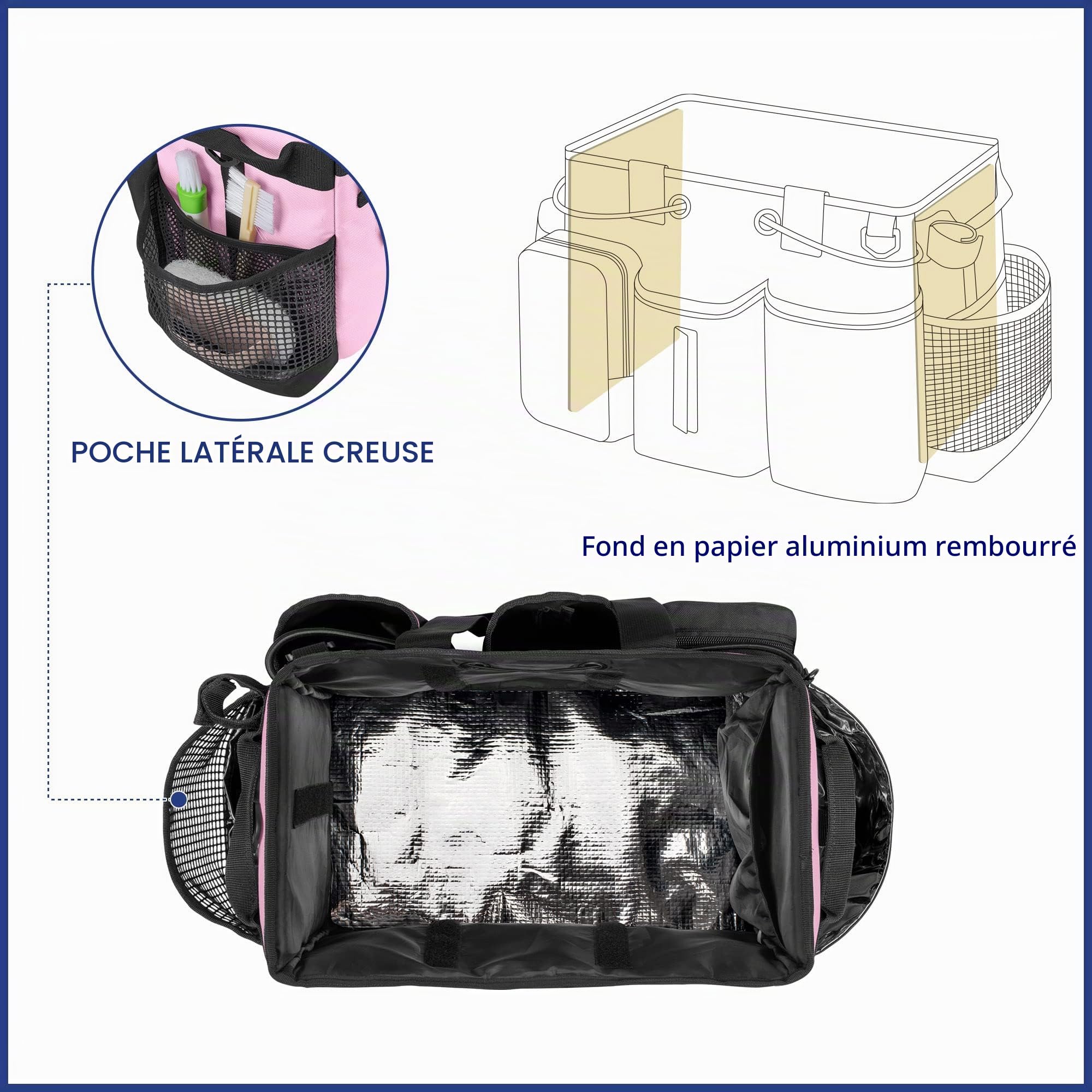 LoDrid Panier de nettoyage avec séparateur amovible, noir et rose | Organiseur de produits de nettoyage avec poignée et bandoulière, sacs de ménage pour femmes de ménage et agents d'entretien