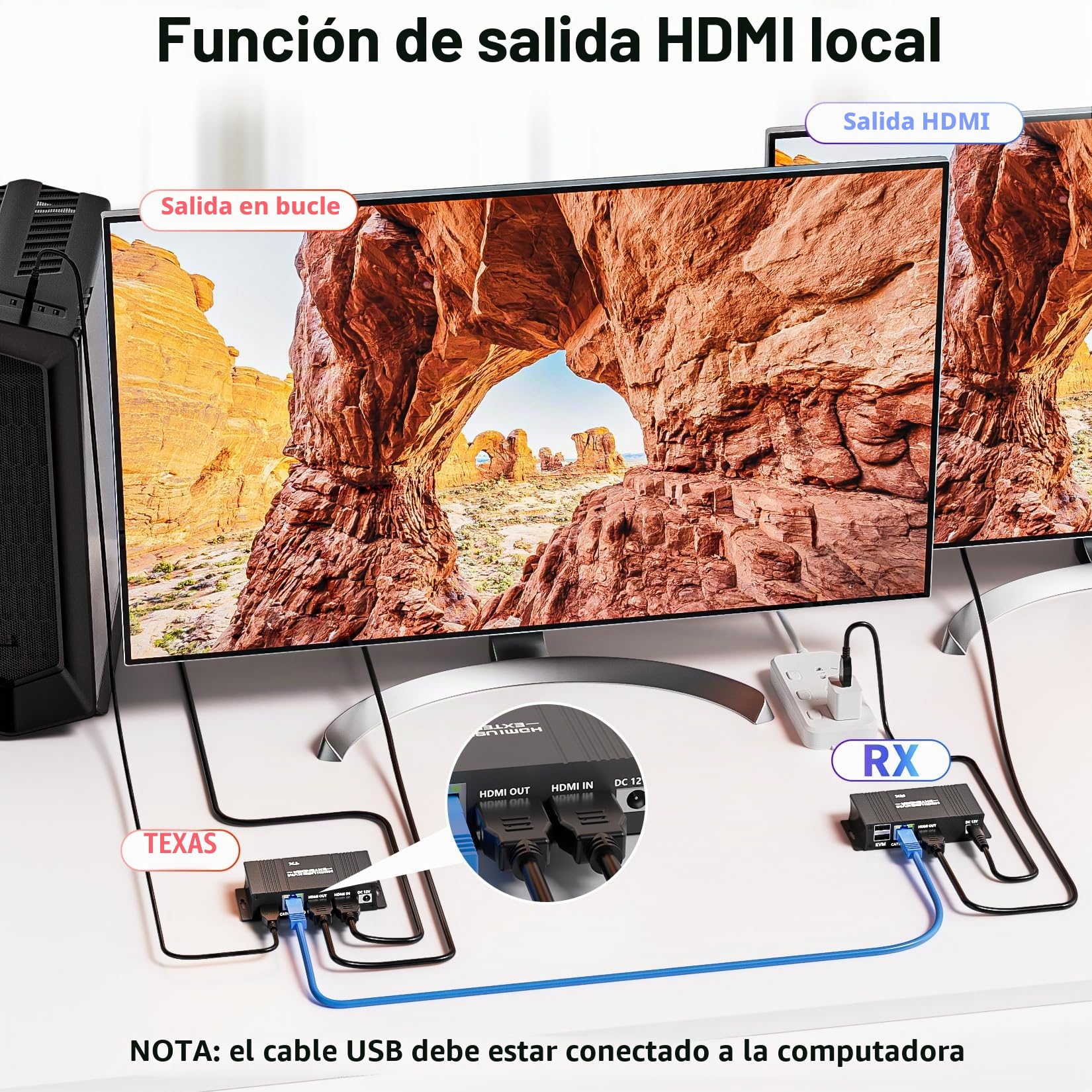 BolAAzuL Kit extensor KVM USB HDMI, extensor USB KVM HDMI 1080P sobre RJ45 Cat5e/6 cable de red con bucle y POC, distancia flexible de transmisión sin pérdidas