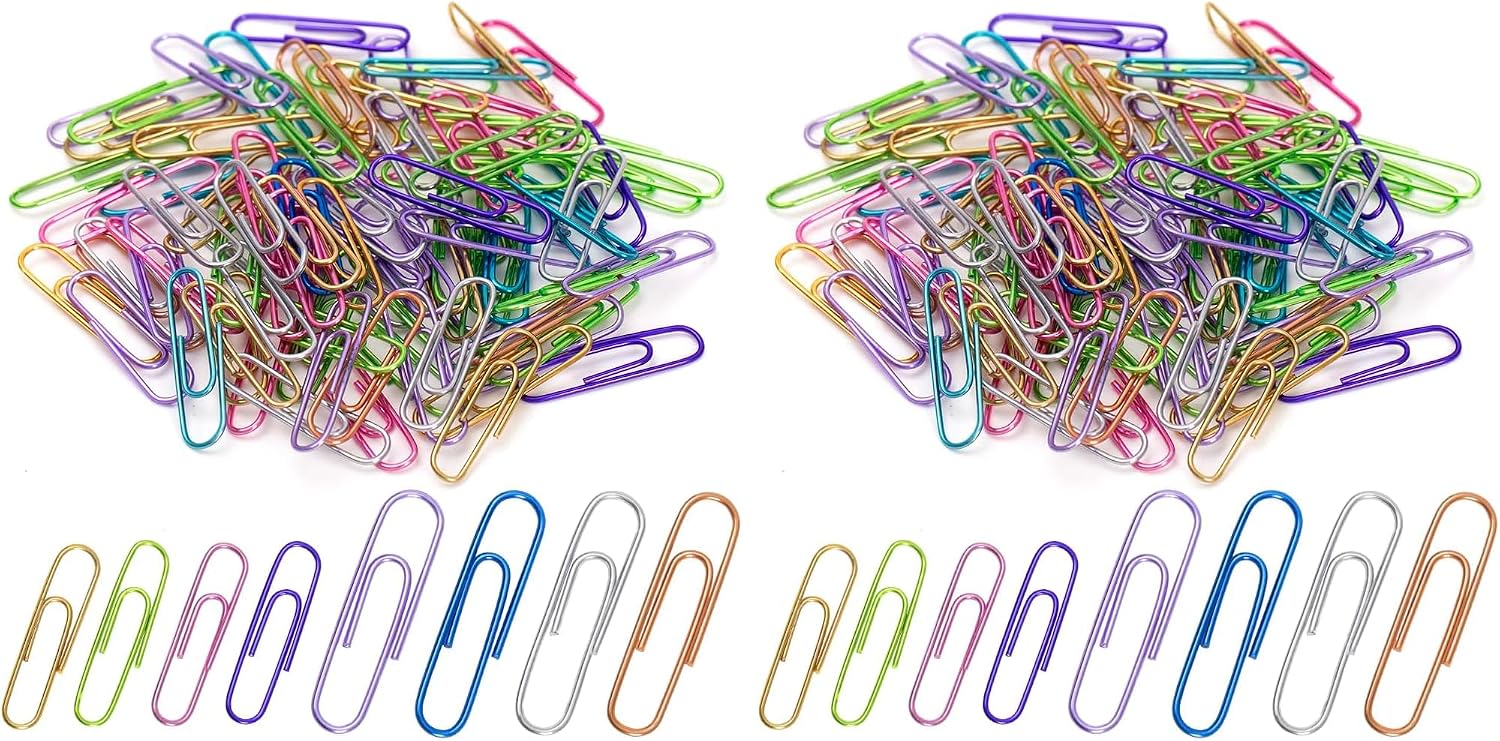 Paper Clips, 200pcs Jumbo and Medium （2 inch & 1.3 inch） Colored Clip, Large PaperClips Assorted Colors Sizes, Paper Clips for Paperwork Office School and Personal Use (Pack of 2)