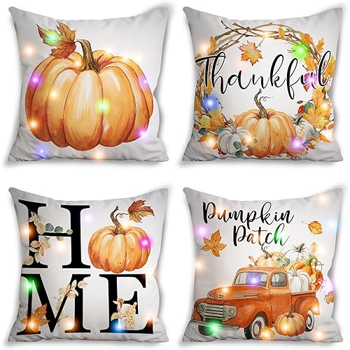 Thanksgiving Fall Pillow Covers, LED Fall Pumpkin Pillow Covers Thanksgiving Decorations for Home, Thanksgiving Decor Linen Indoor Outdoor Lighted Decorative Pillowcases Maple Case 18x18 Set of 4
