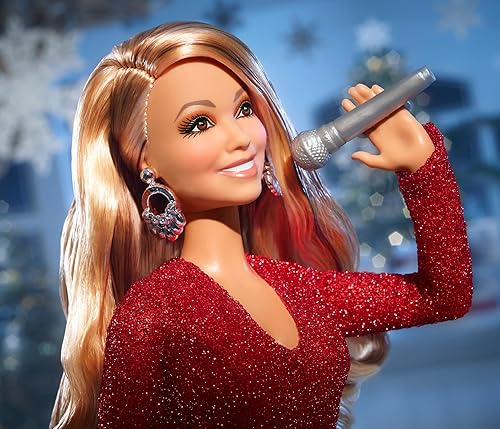 Miniatura 3 de Barbie Muñeca exclusiva, Mariah Carey Holiday coleccionable en vestido rojo con purpurina con accesorios plateados