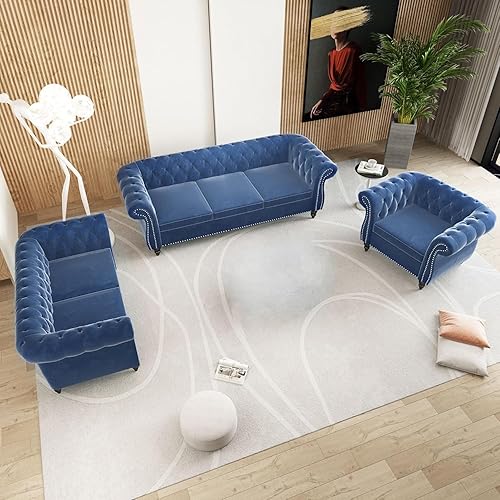 Miniatura 7 de QHITTY Juego de sofá de 3 piezas para sala de estar, sofá modular Chesterfield, contemporáneo, tapizado, de terciopelo, para sala de estar, oficina,