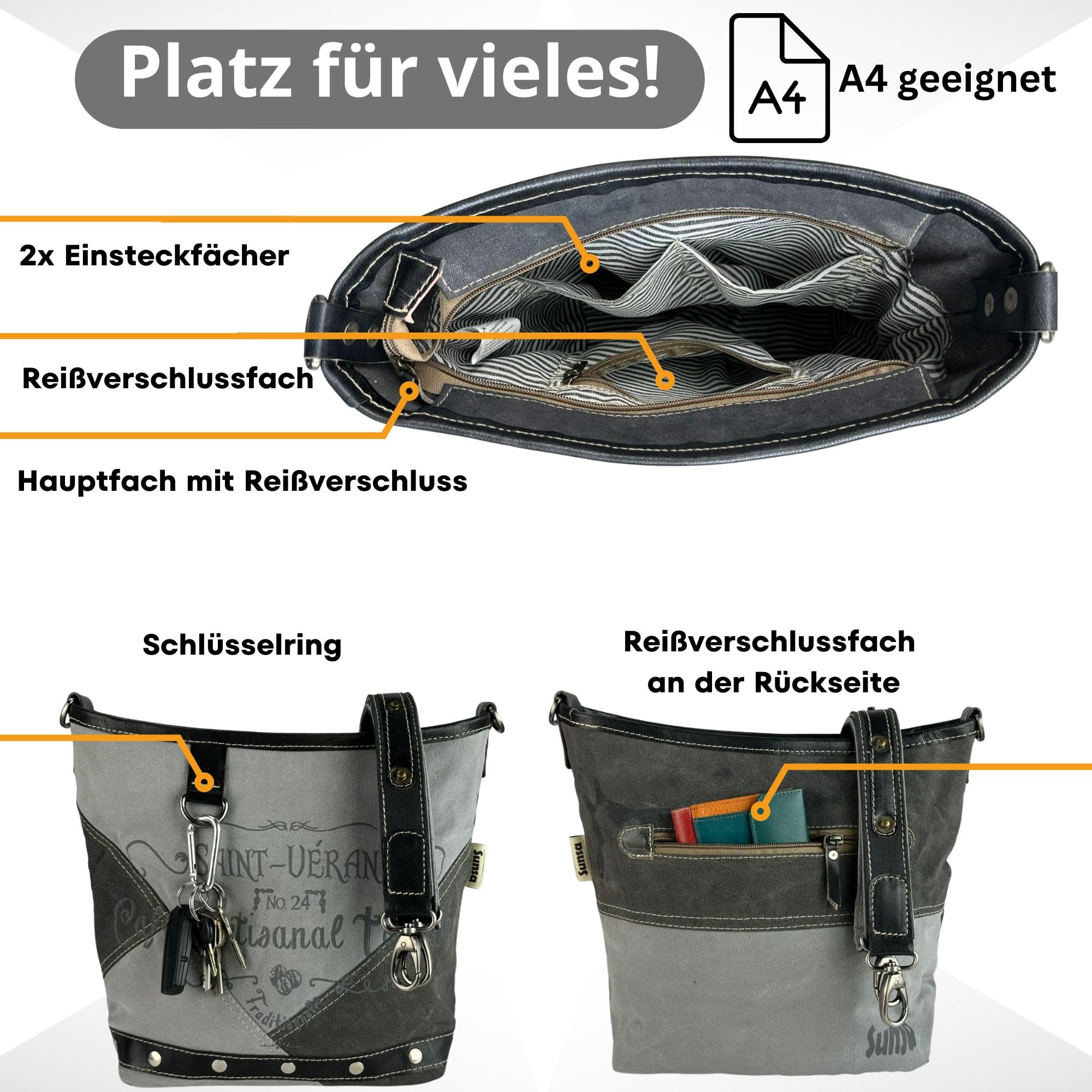 Sunsa Damen Umhängetasche Vintage Tasche Canvas Schultertasche schwarz/grau