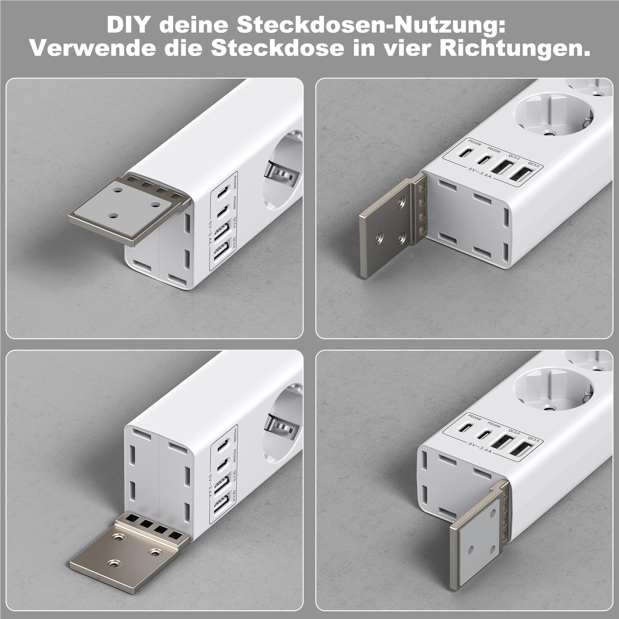 Listwa zasilająca z 4 gniazdami do montażu pod stołem, 2USB-C (PD20W) + 2USB-A (QC3.0 18 W), 4000 W, z wyłącznikiem przeciążeniowym, niewidoczne rozwiązanie do zarządzania kablami, kabel 2 m