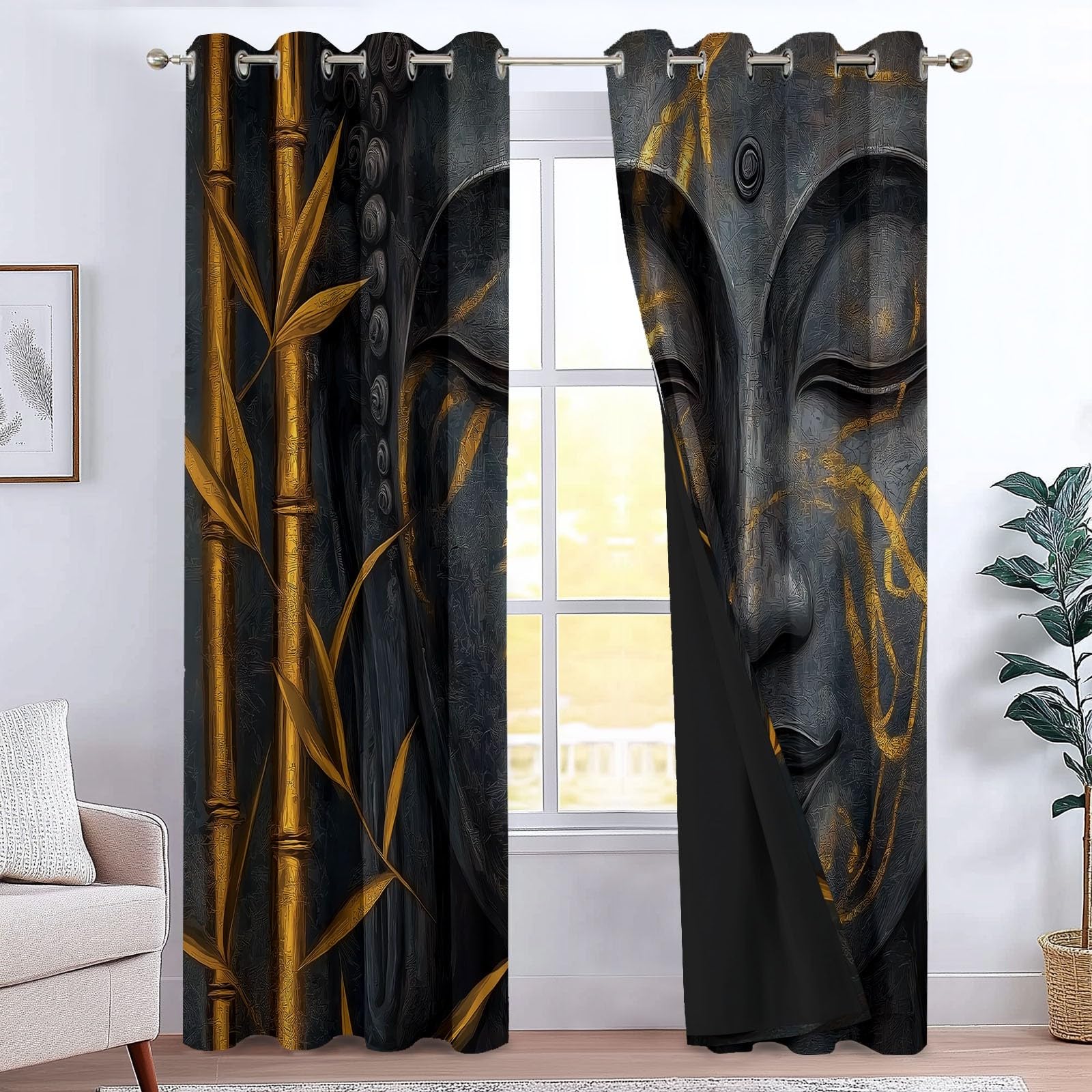 Vorhänge Surrealer Goldener Bambus, Gardinen Blickdicht Silber Verdunklungsvorhänge Thermovorhang, Polyester Gardinen Kinder Wohnzimmer Schlafzimmer Fenster, 2er Set, H 260 x B 140 cm