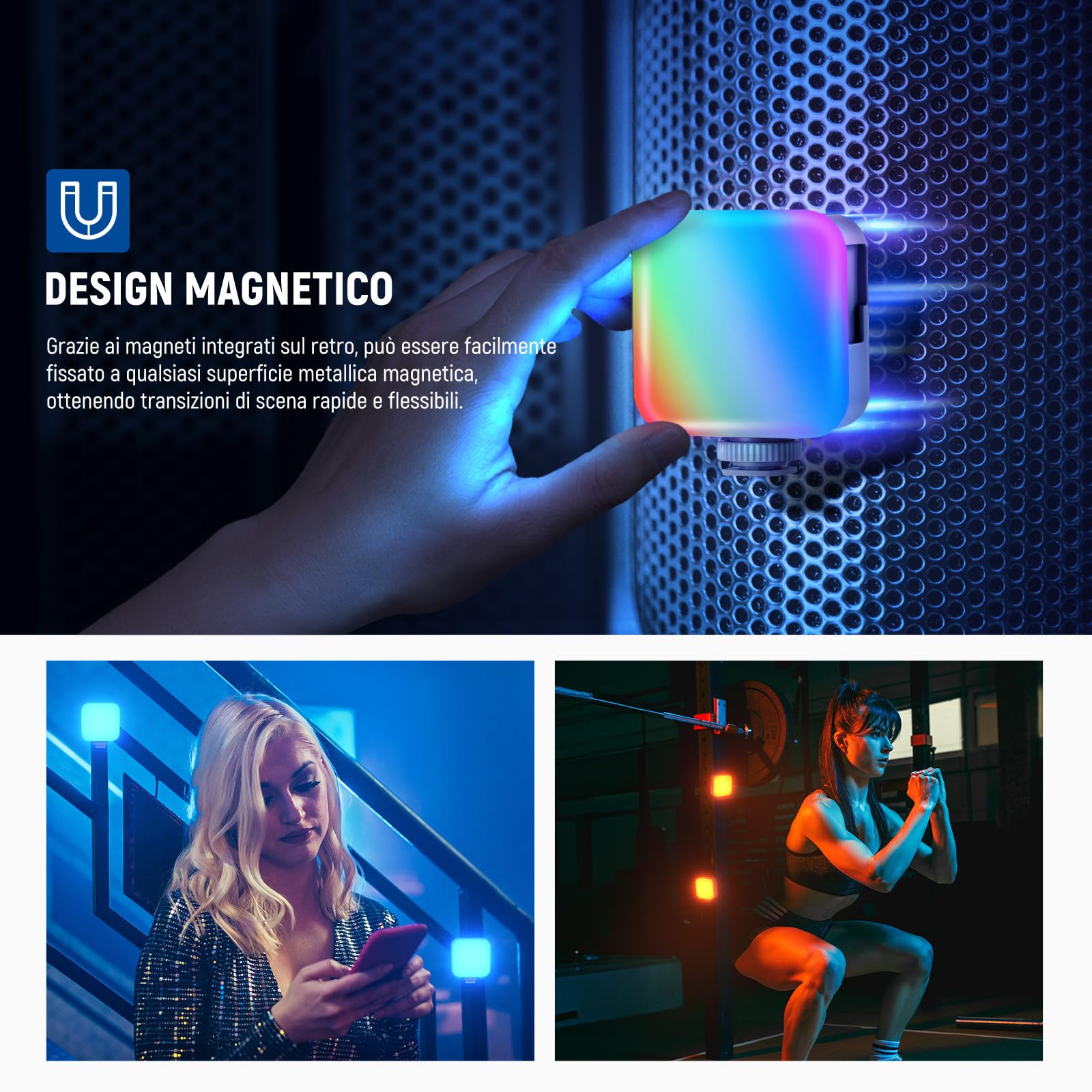 NEEWER BASICS Luce Video RGB Magnetica, Luci Fotocamera a Pannello LED Piccola Portatile a Colori 360°, 2500-9000K CRI96+ 18 Scene 3 Cold Shoe Batteria 2000mAh per Fotografia Streaming Ripresee, BL60C