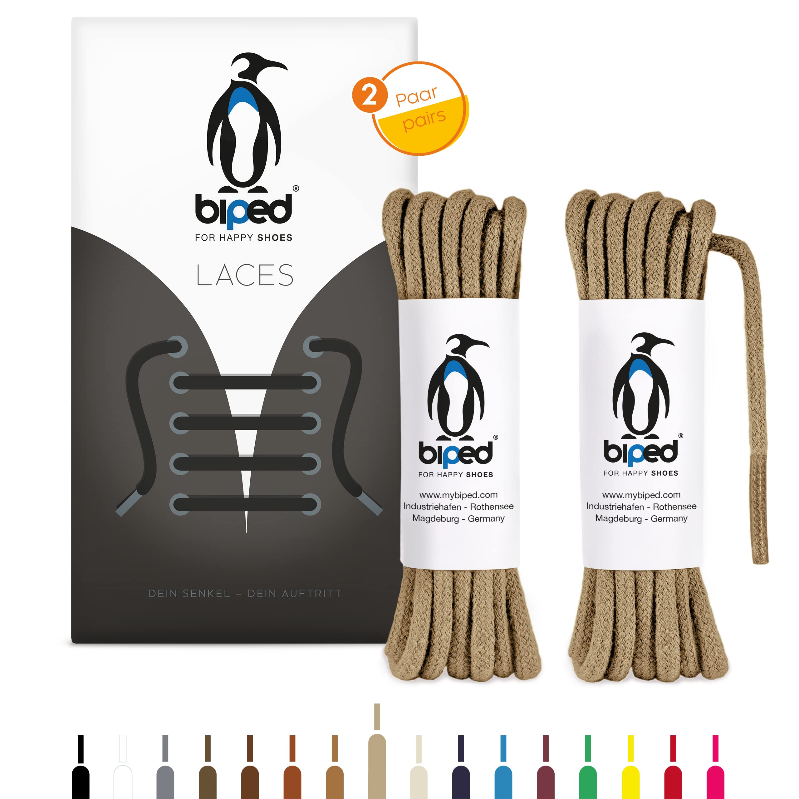 bipedLACES 2 Paar runde Schnürsenkel aus Baumwolle ø 3,5 mm - reißfeste Qualitäts- Schuhbänder für Lederschuhe, Stiefel, Sneaker - für Arbeit, Freizeit und Sportschuhe - made in EU z2901