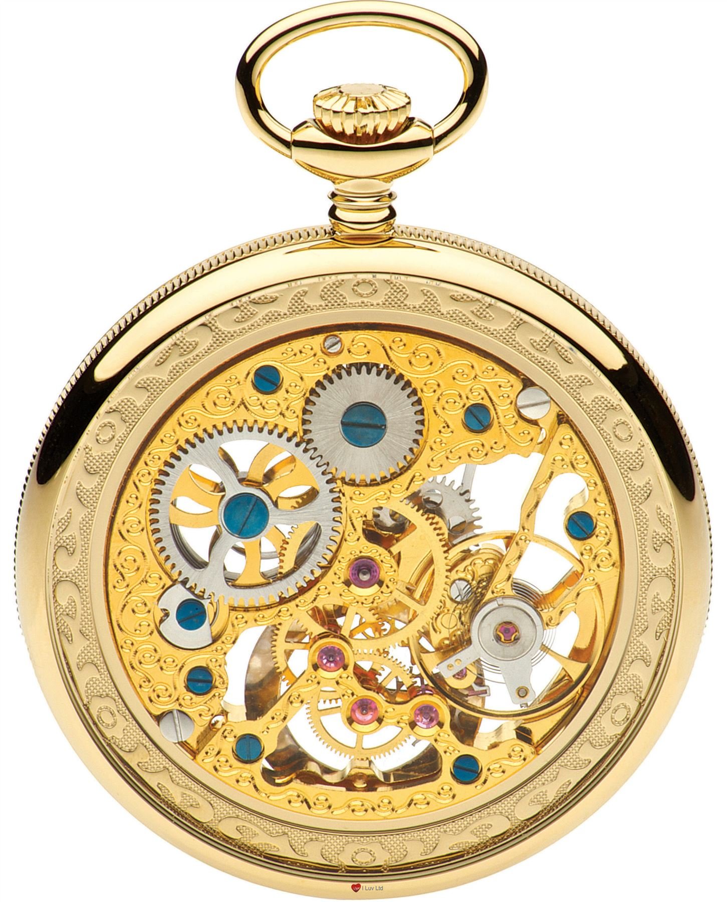 I LUV LTD Open Face Skeleton Pocket Watch 17 Jewelled Mechanical Gold Plated Case - Luxury