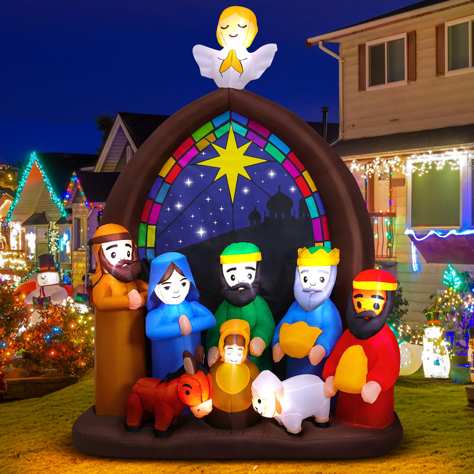 Crèche de Noël Gonflable de 2,4 m avec lumières LED, Grande crèche de Noël Gonflable Jésus pour Jardin, pelouse, église, décoration de Noël