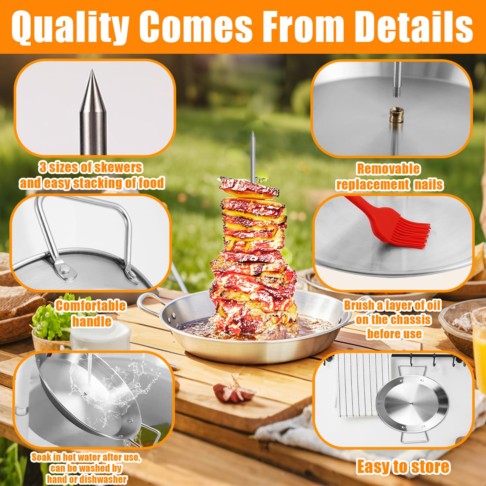 Soporte Pincho Vertical Acero Inoxidable con 3 Picos Extraíbles & 2 Cepillo, Repuesto Brocheta Horno, Accesorios Kebab Parrilla, Herramienta Barbacoa para Pollo, Pescado, Bistec, Kebabs Shawarma
