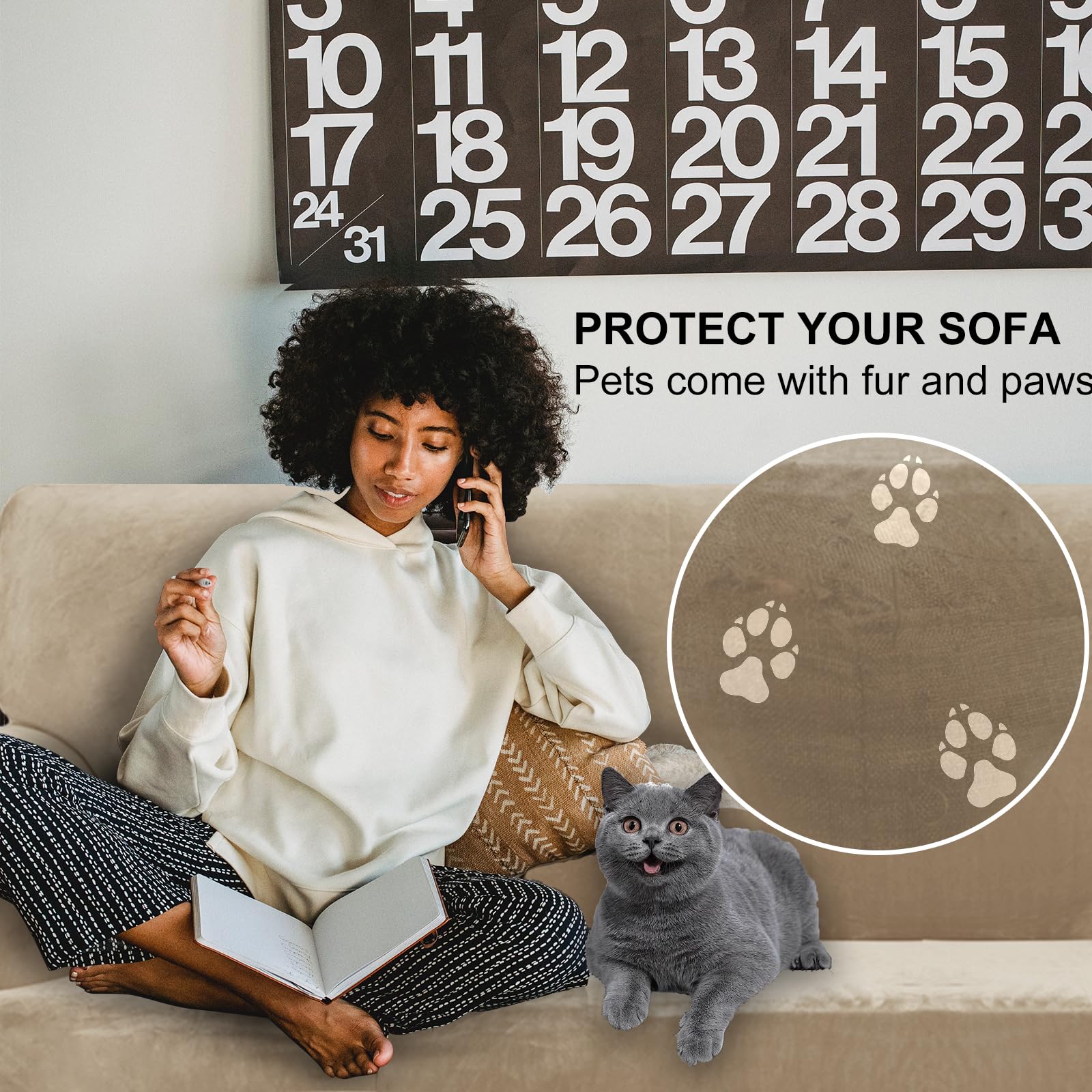 Ystyle Copridivano Velluto, Copridivano 3 Posti con Braccioli, Copridivano AntiGraffio Gatto, Copri Divano Elasticizzato, Universale Copridivani Antimacchia Lavabile Antiscivolo, Cammello