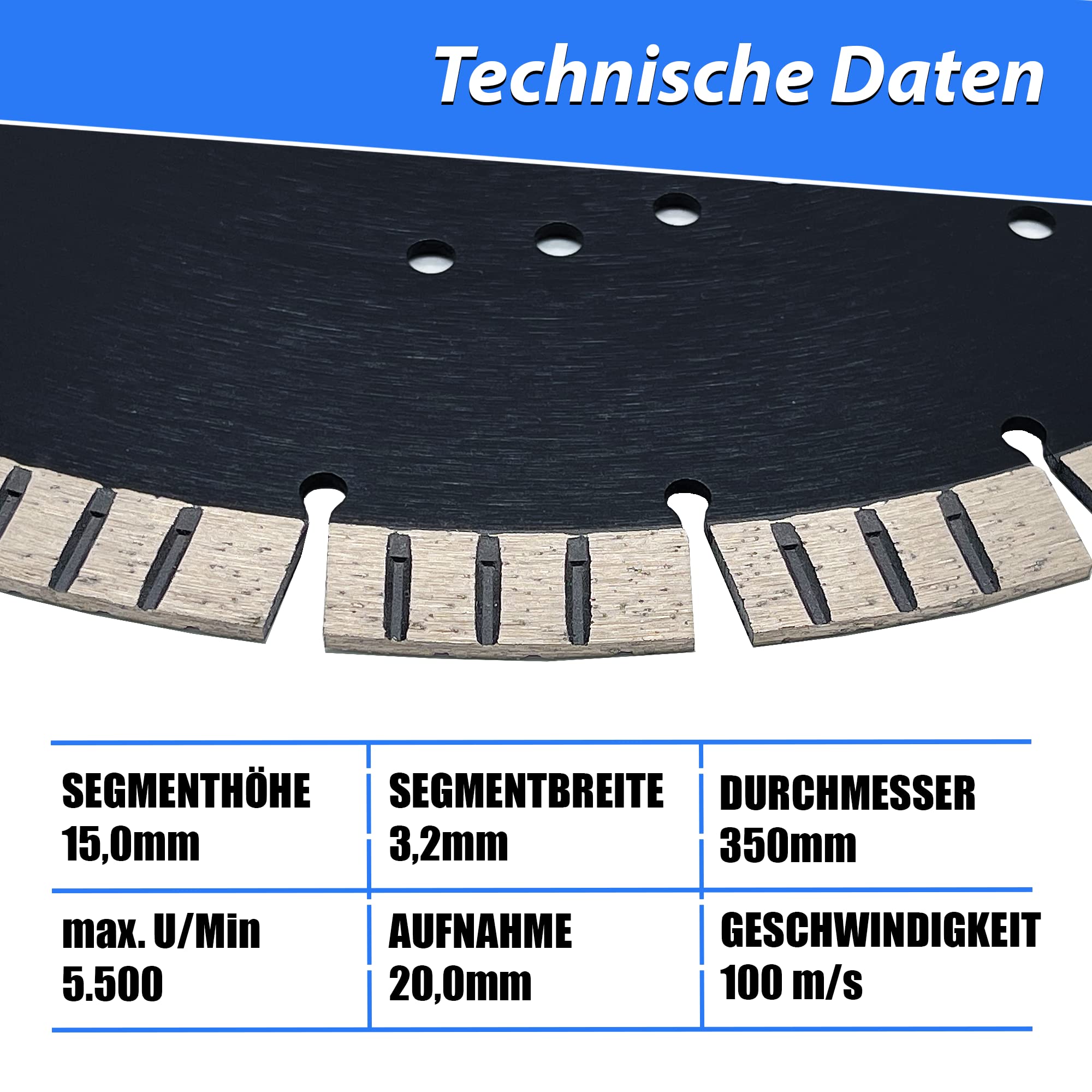 Diamant-Trennscheibe 350mm x 20,0mm Premium 15mm Segmente passend für Beton Stahlbeton Waschbeton Universal Diamantscheibe für Winkelschleifer Trennjäger 350 mm