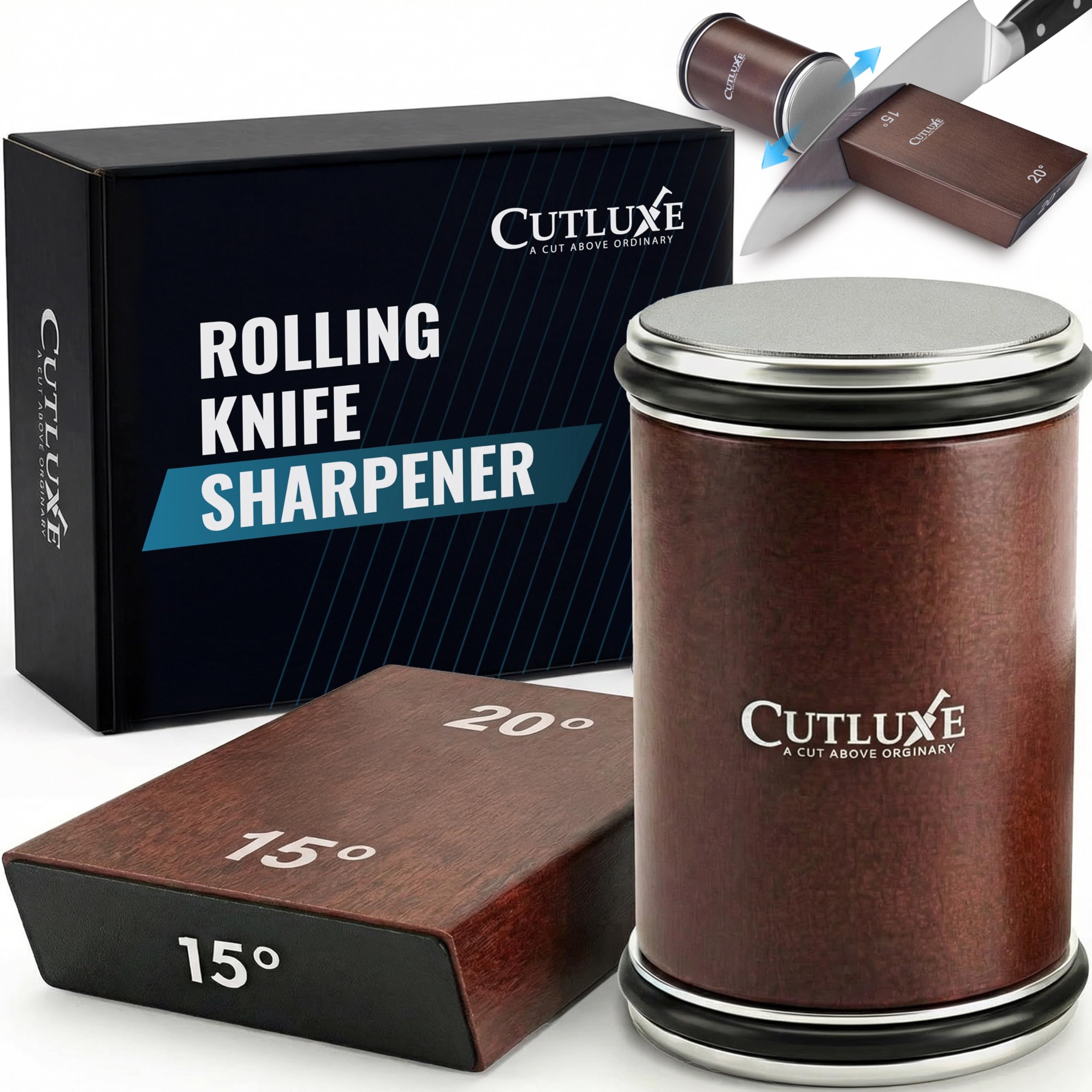 Cutluxe Rolling Knife Sharpener Kit with 15 20 Strong Magnetic Angles - 2 Diamond Grinding Discs - 400
