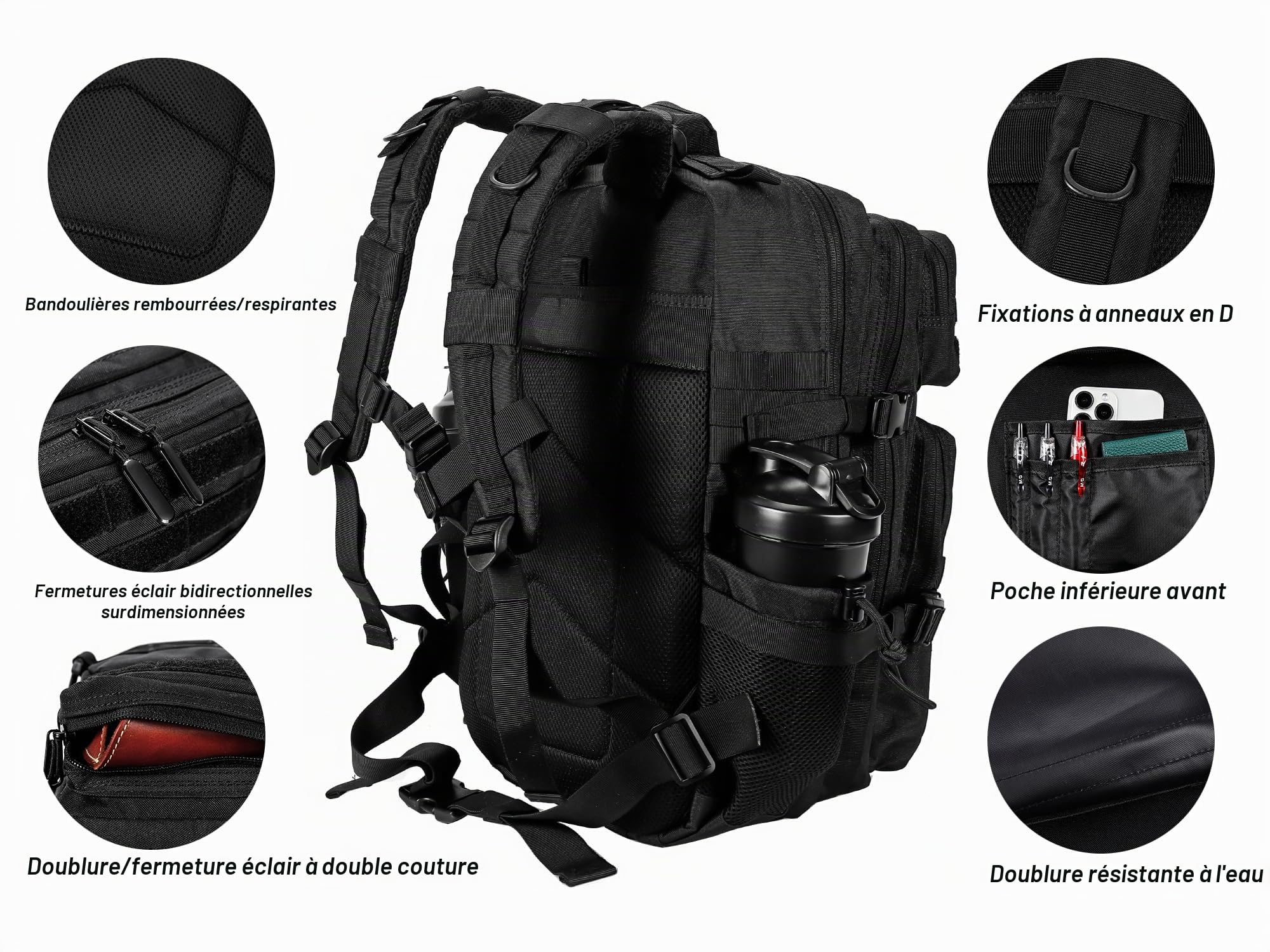 LHI Sac à dos tactique militaire pour homme et femme 45 l Grand sac à dos imperméable pour l'école, la randonnée, le trekking, la chasse