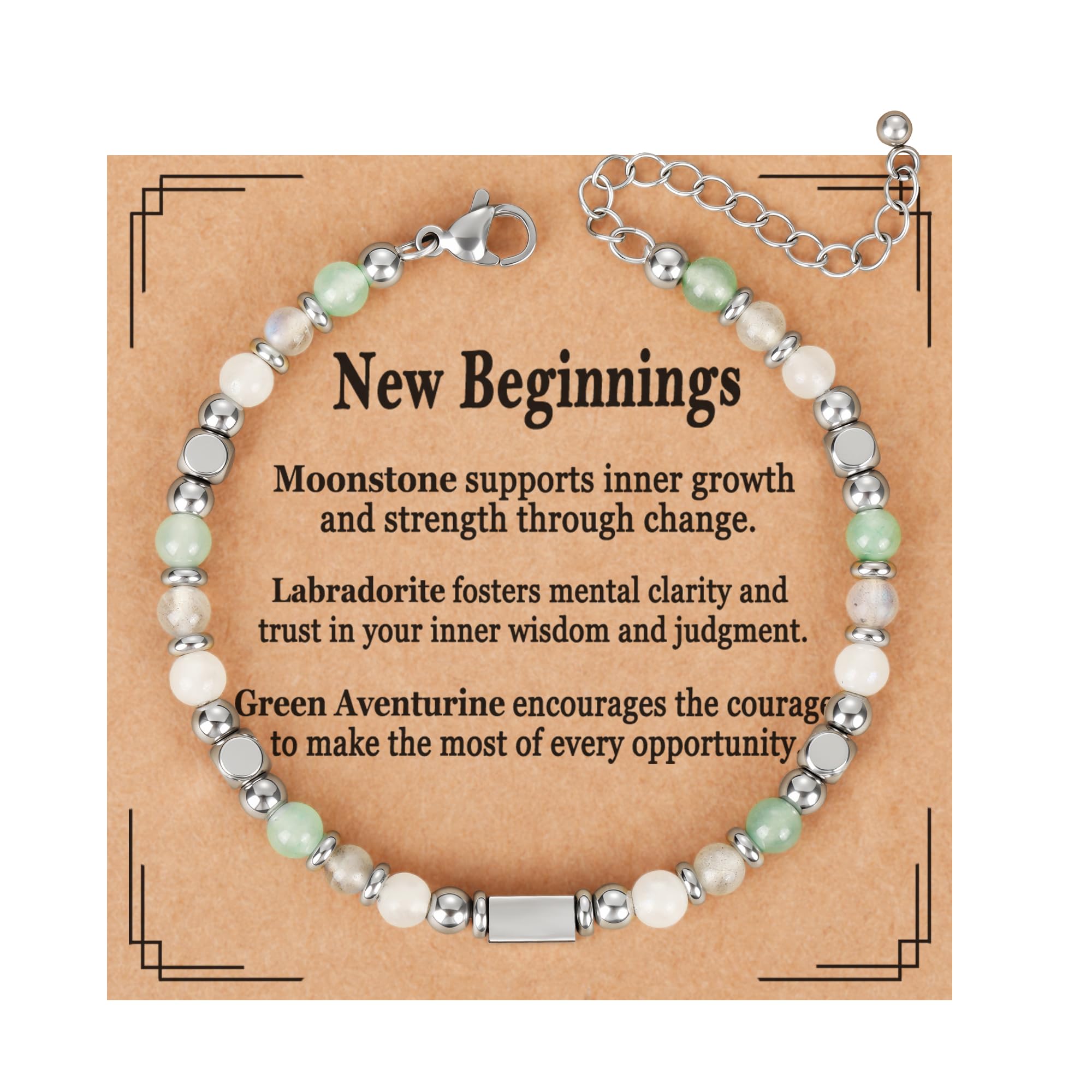 Natural Healing Crystal Bracelet for Women, Triple Protection Anxiety Relief New Beginnings Good Luck Empath Protection Jewelry Gift for Friends Daughter Mom 6.5+1.8 Inches