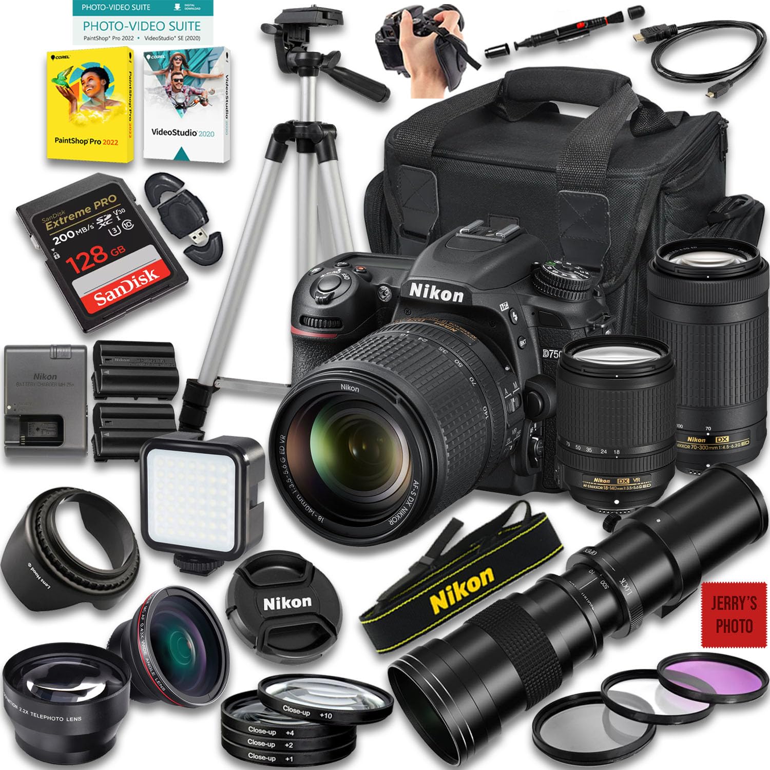 Nikon D7500 DSLR Camera with AF-S DX 18-140mm f/3.5-5.6G ED VR and AF-P 70-300mm f/4.5-6.3G & 420-800mm f/8 Lens + 128 GB Memory + Extra Battery +