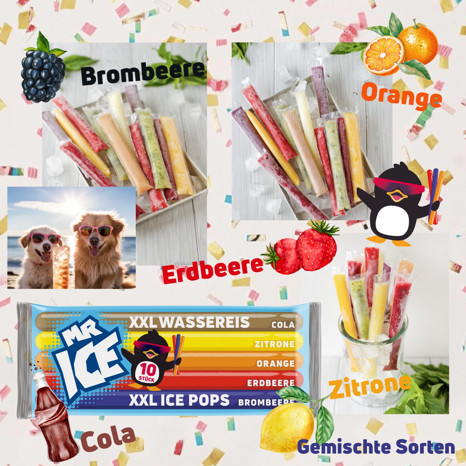 MR ICE Gelato ad acqua XXL 30 x 600 ml | 300 x gelato alla frutta Icesticks da 60 ml ciascuno – Confezione grande di ghiaccio con 5 sapori | da congelare