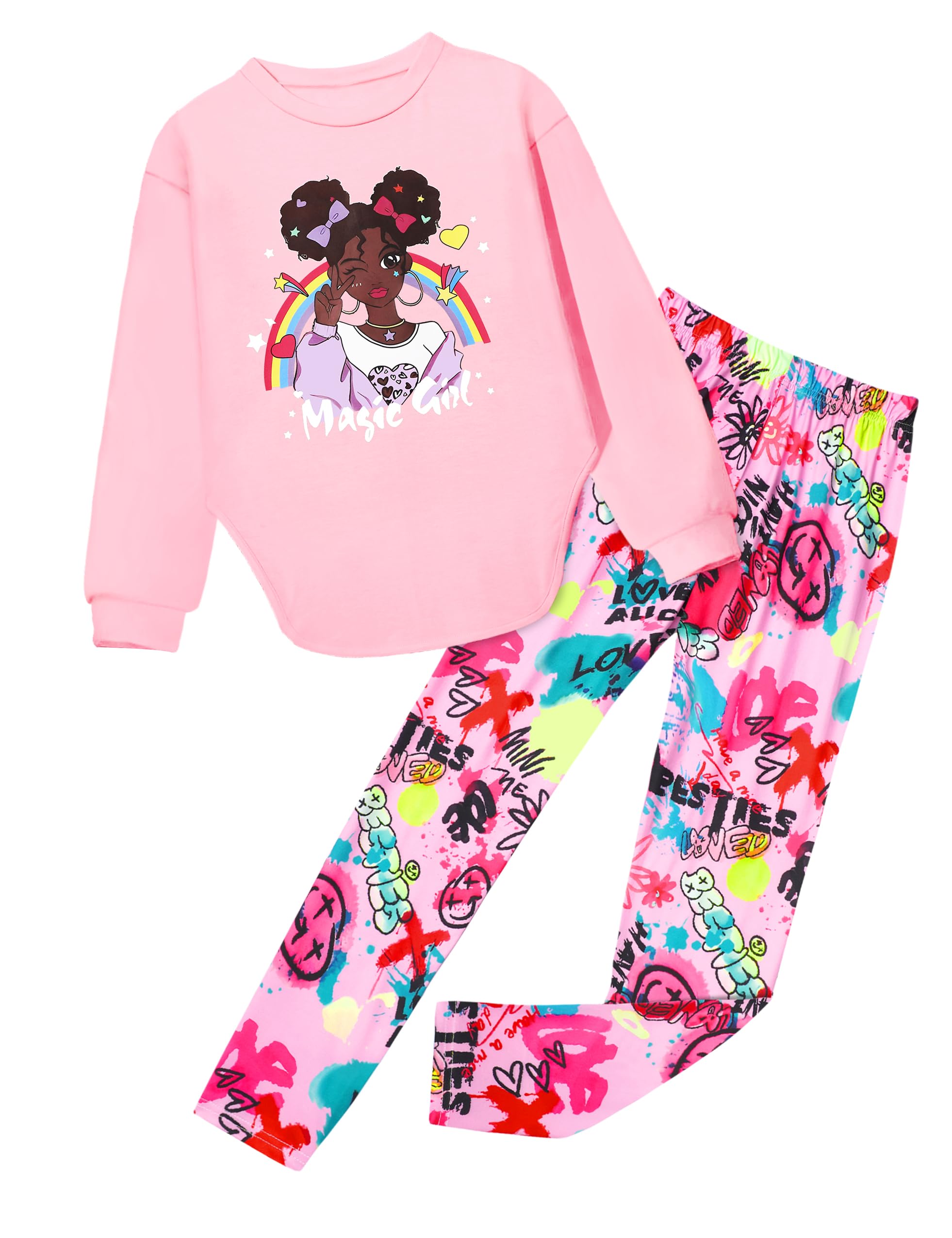 AGAPENG Girls Clothes Graphic Drop Shoulder Pullover Sweatshirt Graffiti Print Leggings 2 Piece Girls Outfits Sets