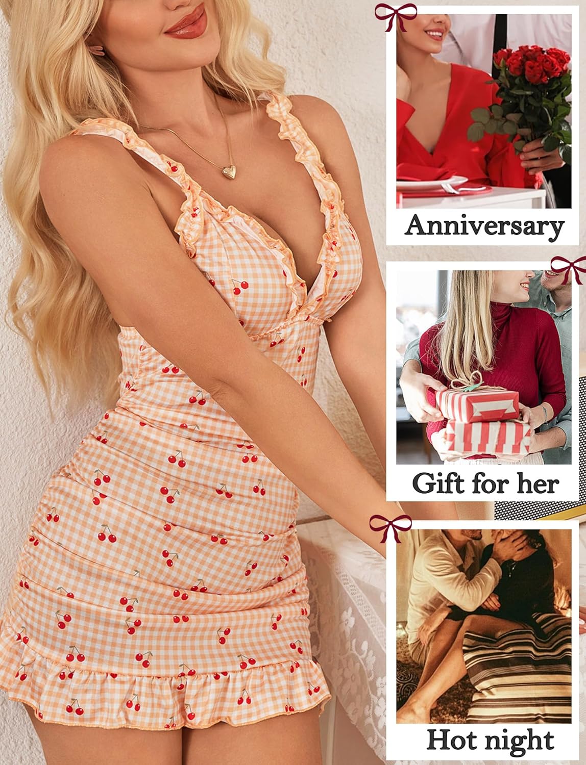 Women's Cherry Nightgown Lace Trim V Neck Babydoll Lingerie Dress Sleeveless Cami Chemise Nightwear - Image 5