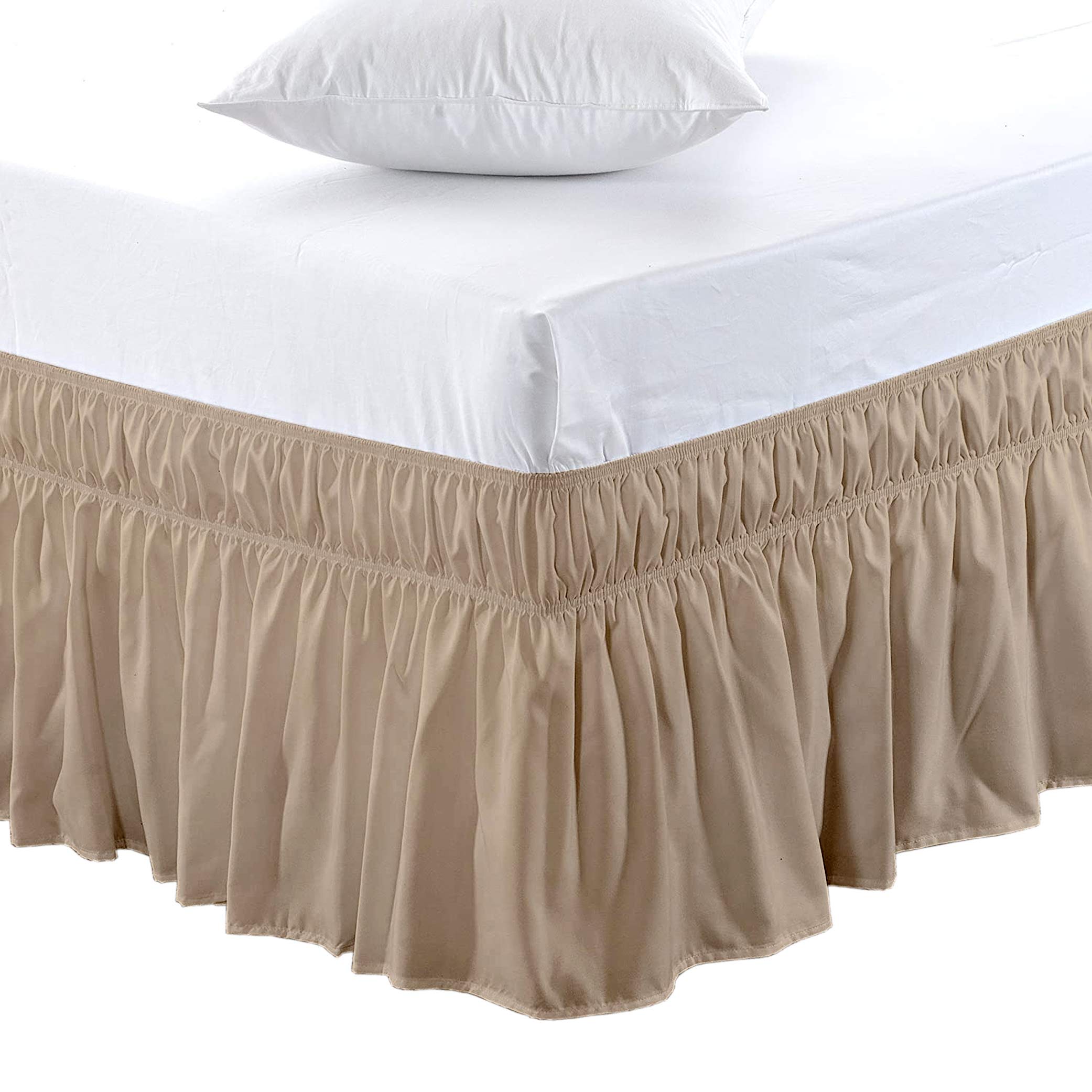 Bed Skirt Microfiber 500 Thread Count King Size Wrap Around Bed Skirt(72" x 78") with Adjustable Three Fabric Sides Elastic Belts, Easy Fit Bed Skirt - 14" Height Beige Color