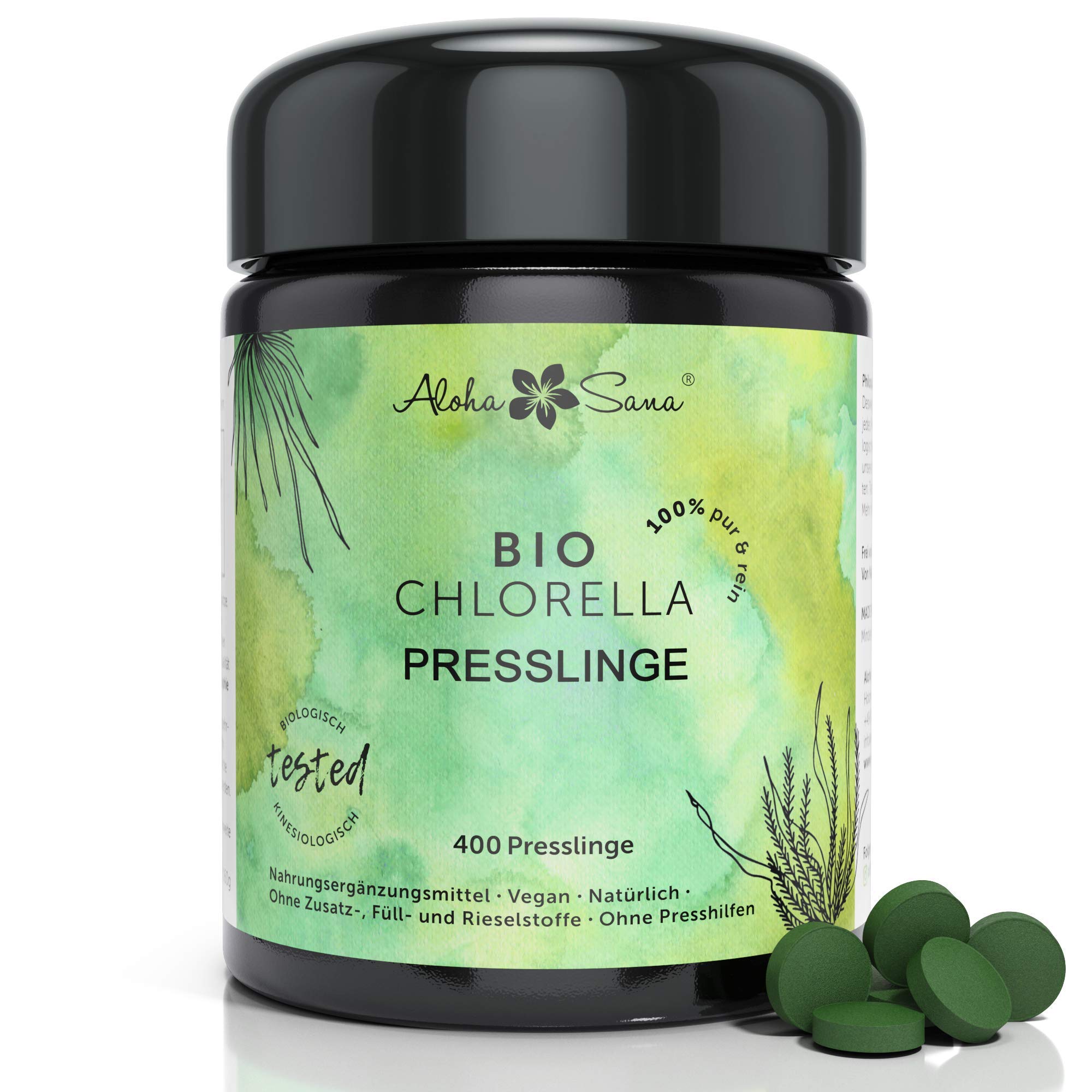 Aloha Sana | Chlorella BIO Presslinge im Ultraviolettglas | 400 Chlorella Tabletten á 400mg | Laborgeprüfte und energetisch getestete Bio Algen | Vegan und ohne Zusatzstoffe