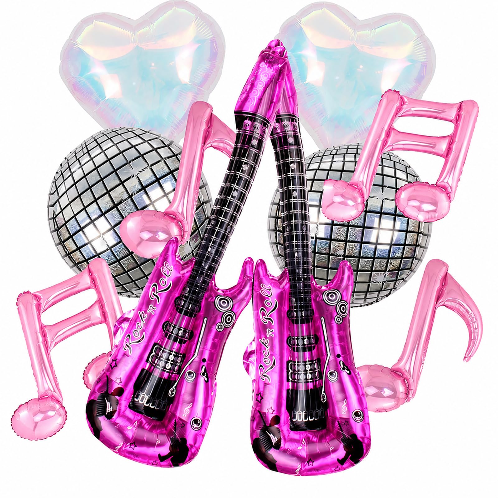 Bolosa 10Pcs Music Party Foil Balloons Set, Pink Guitar, Music Note & Disco Ball Balloons, Disco Party Decorations for Birthday Party, Retro Dance, Rock Concert, Hen Party Photo Backdrop