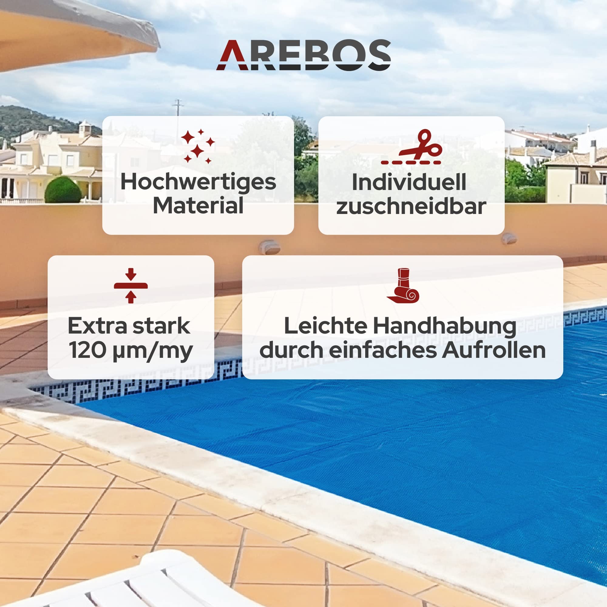 Arebos Solarabdeckplane eckig 5,49 x 2,74 m Blau 120 µm zuschneidbar Poolheizung