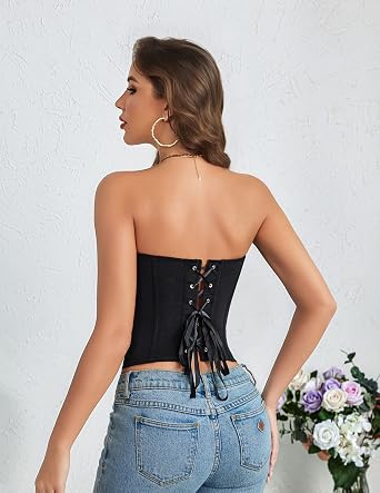 Avidlove Corset Tops for Women Mesh Strapless Bustier Boned Tie Back Top Going Out Party Tops Lingerie