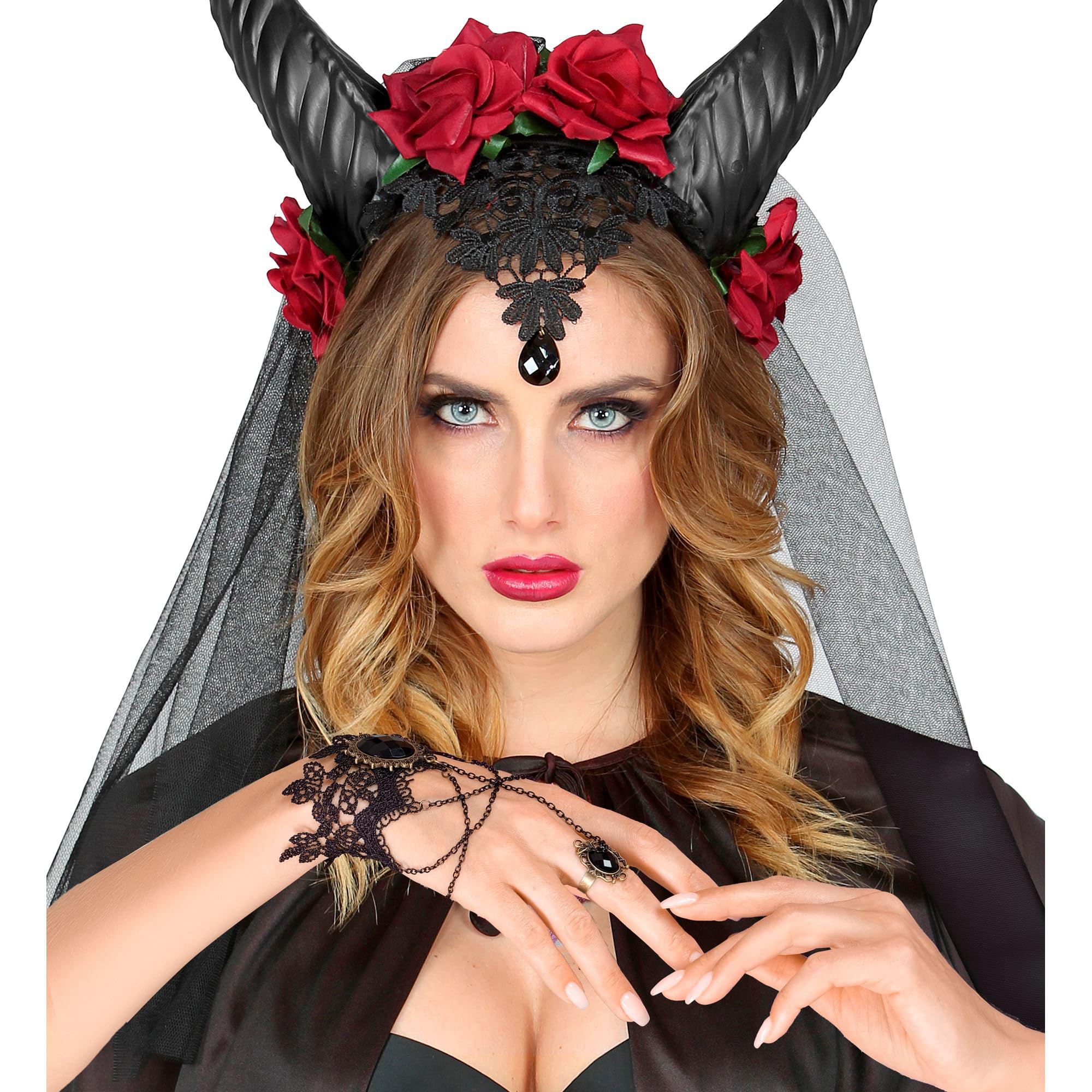 W WIDMANN MILANO Party Fashion - Koronkowa bransoletka z pierścionkiem i kamieniem szlachetnym, gotycka, dodatek do kostiumu na Halloween
