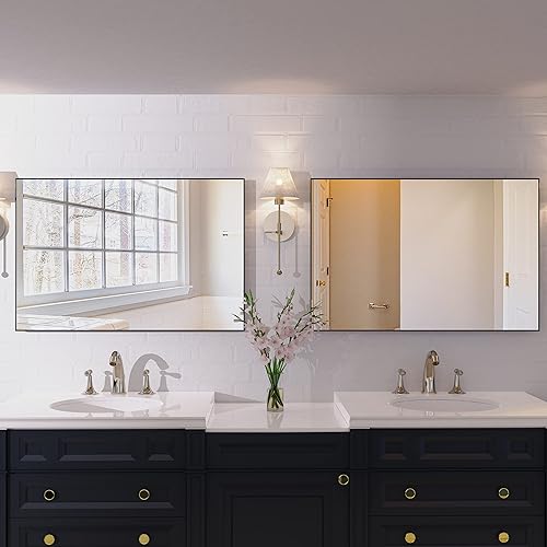 Miniatura 4 de Espejo de baño moderno negro de 36 x 24 pulgadas con marco de aluminio para colgar vertical u horizontal, espejos de pared decorativos para sala de