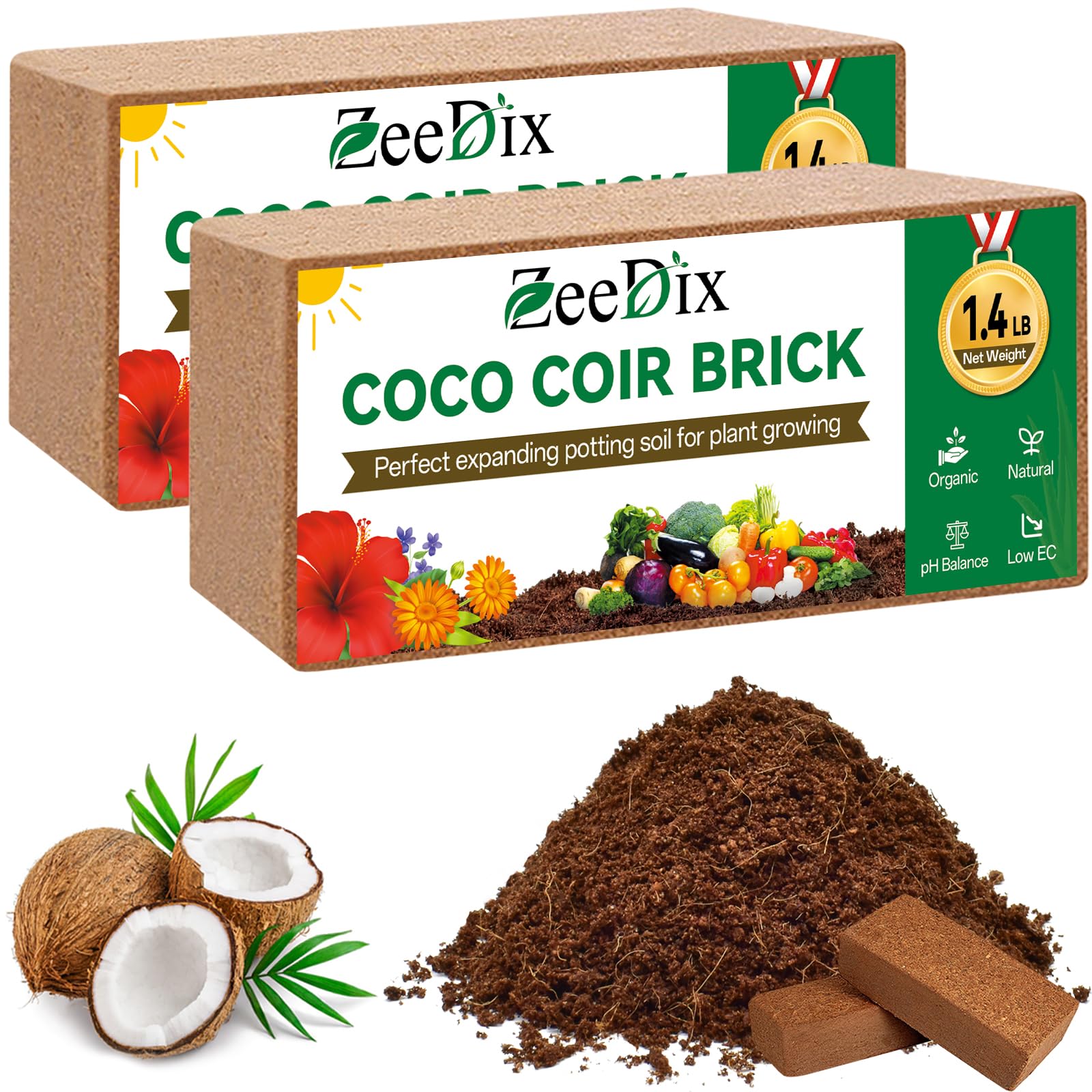 2 Pcs Coco Coir Brick for Plants- 100% Organic Coconut Coir for Garden Soil & Potting Mix, Low EC and pH Balance, Compressed Coconut Husk Fiber for Seed Starter Soil for Indoor Outdoor Plants