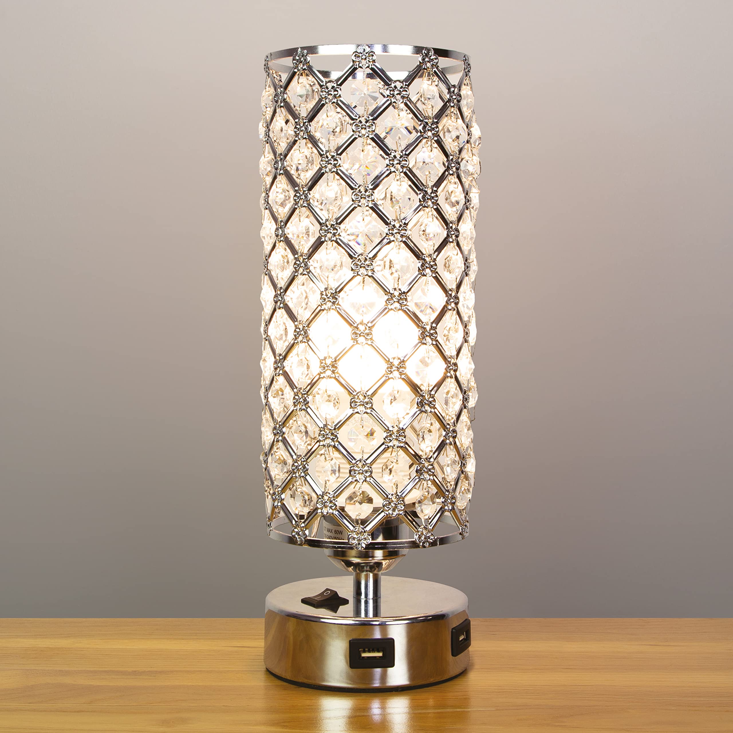 Anika62309 Crystal Dual USB Lamp/Switch Control/Easy to Install Bulb/Silver Base/Mains Powered / 29 x 10cm