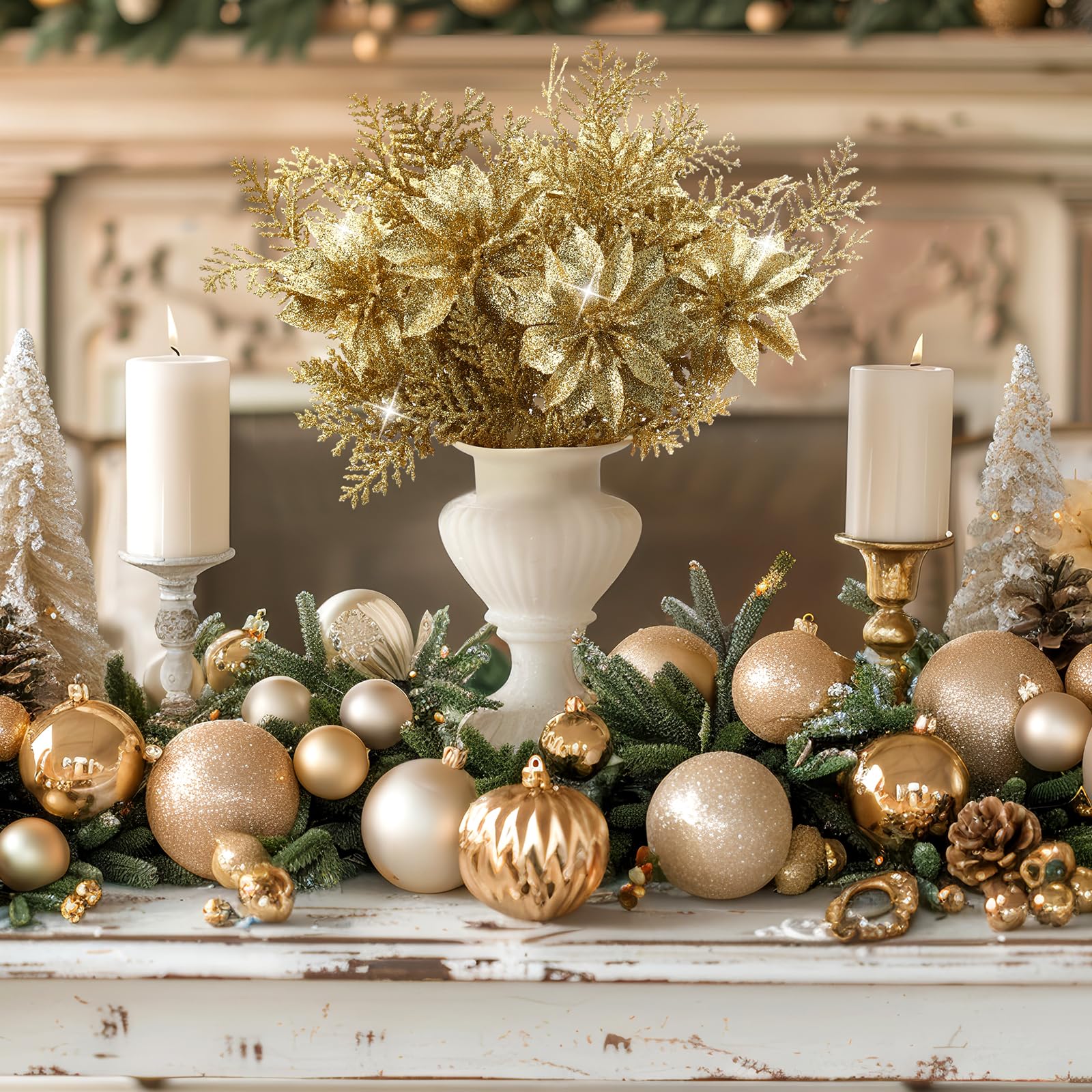 Thiccywoov Künstliche Weihnachtssterne mit Clips, 26,7 cm, künstliche Blumenzweige, Tannenstiel, künstliche Zweige für Girlande, Kranz, Haus, Garten, goldfarben, 12 Stück