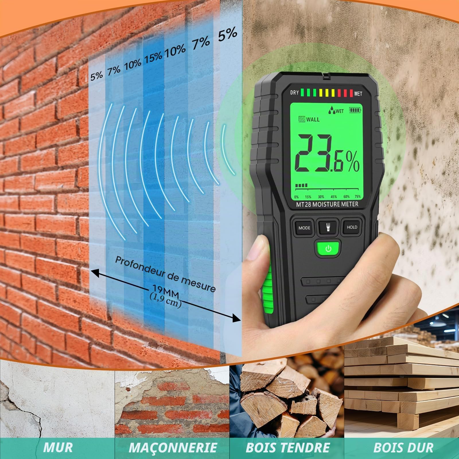Testeur Humidité Humidimètre Numérique sans Broche Détecteur d'humidité en Papier pour Bois Matériaux de Construction