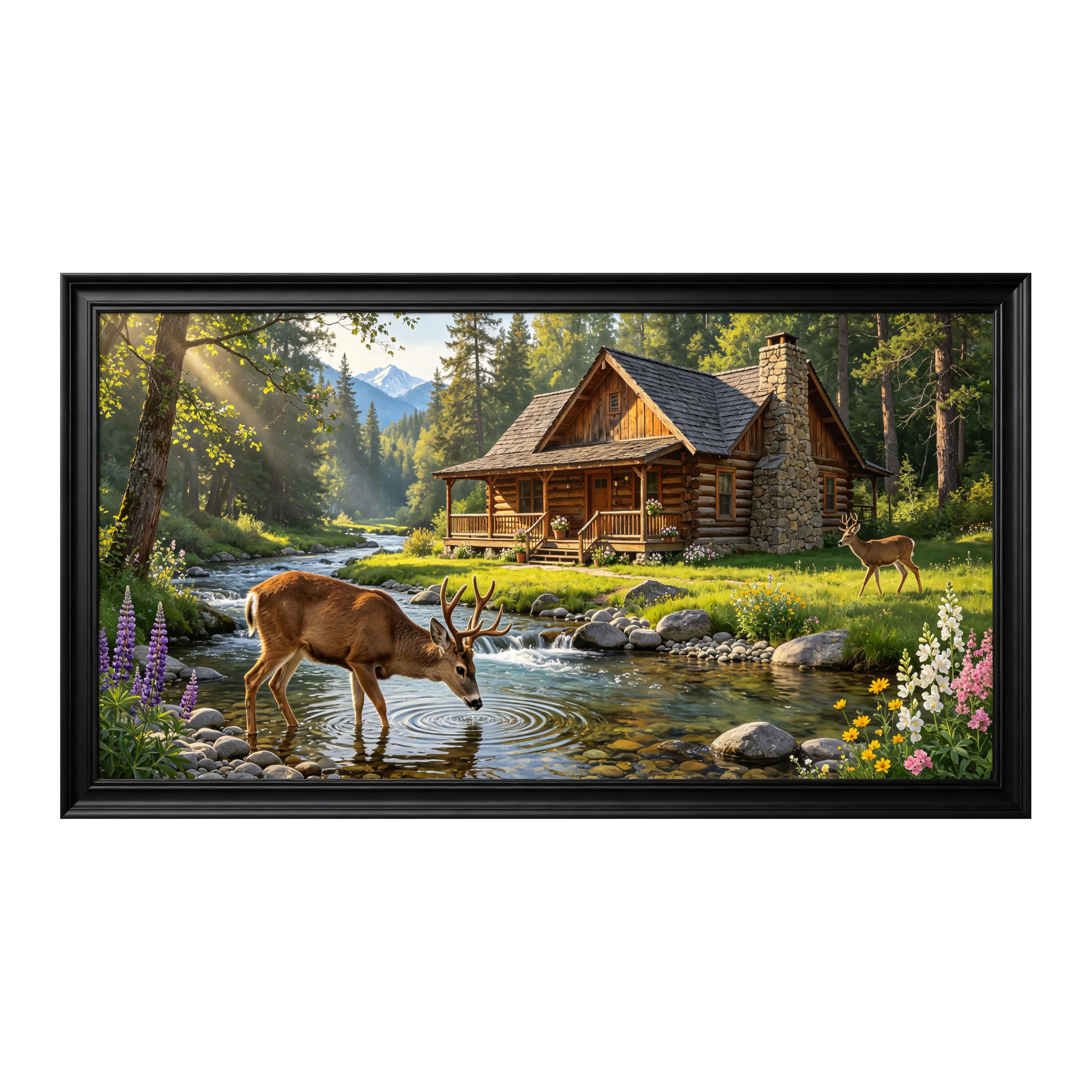 Yzpallescene Art260711245 3D Framed Wall Art Rustic Cabin Deer Mountain Stream Large Size Selfadhesive Removable Wall Decor Prints Artwork For Living Room Bedroom Office