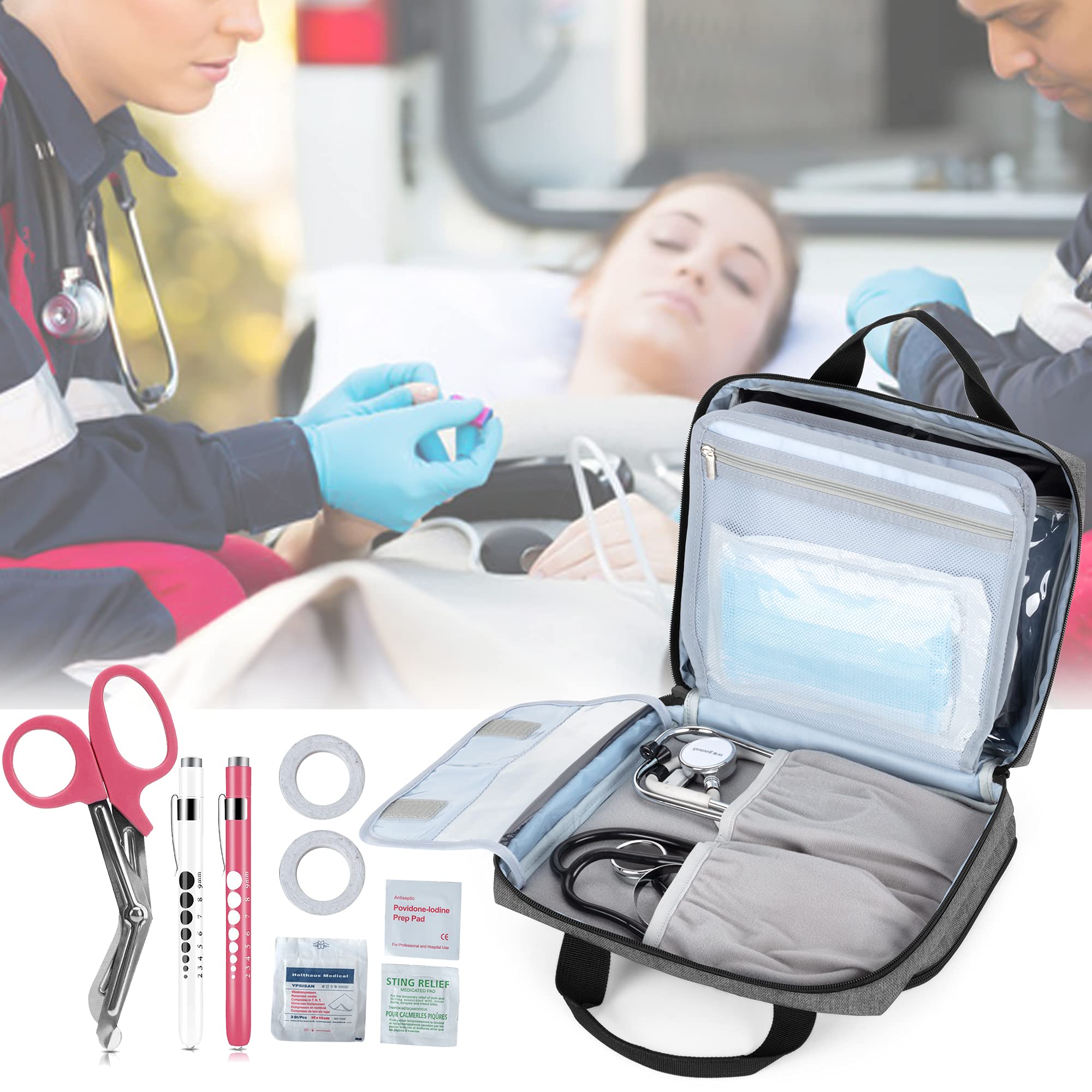 Trunab Bolsa de Estetoscopio Estuche para Estetoscopio Gris, Compatible con 3M Littmann/MDF/ADC y Otros Accesorios, Botiquín de Primeros Auxilios Vacío, Bolsa de Farmacia con Varias Bolsitas