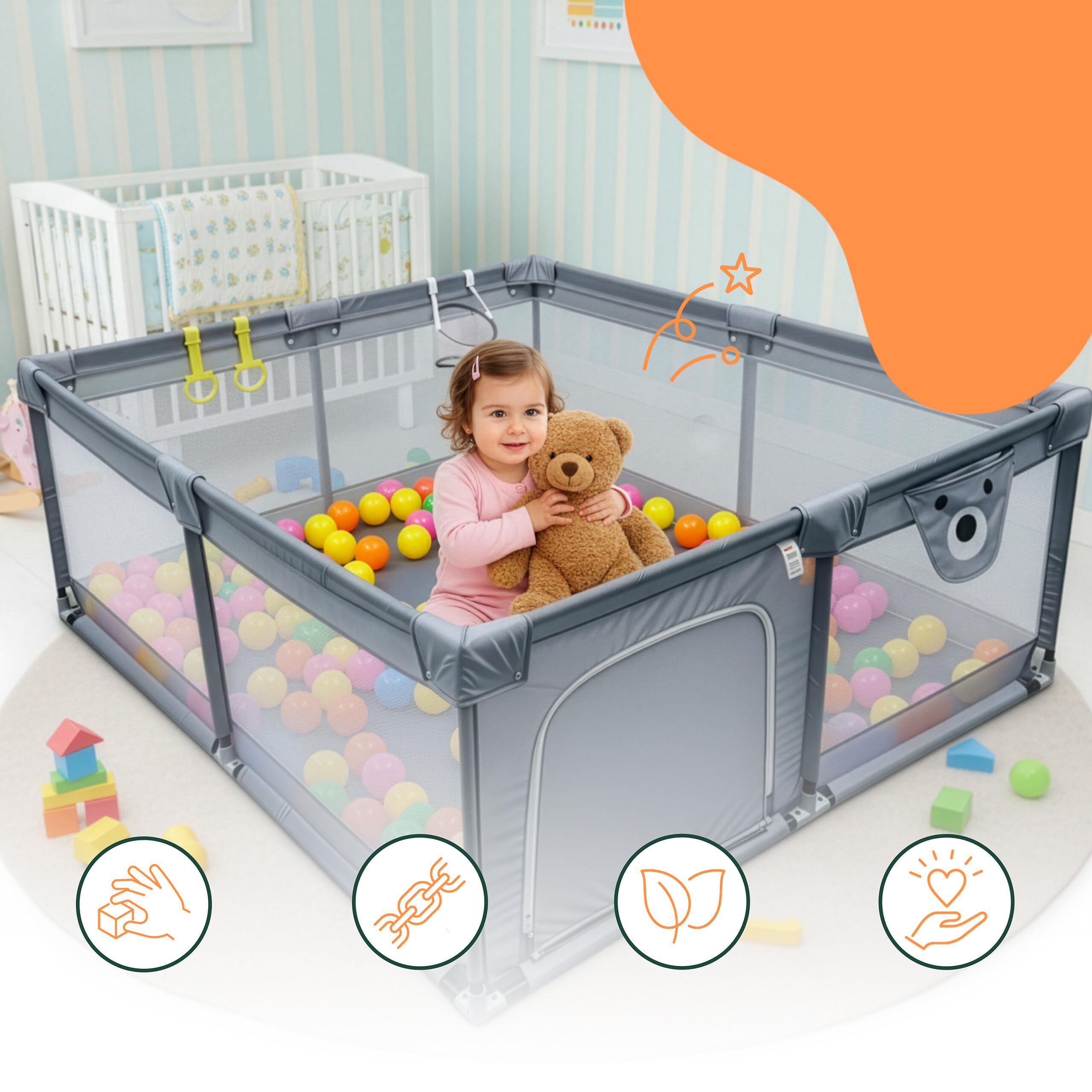 Relaxdays Parc pour bébé 180x200 cm, Coin Jeu sécurisé, balles colorées, 2 Anneaux, Tissu Oxford Gris