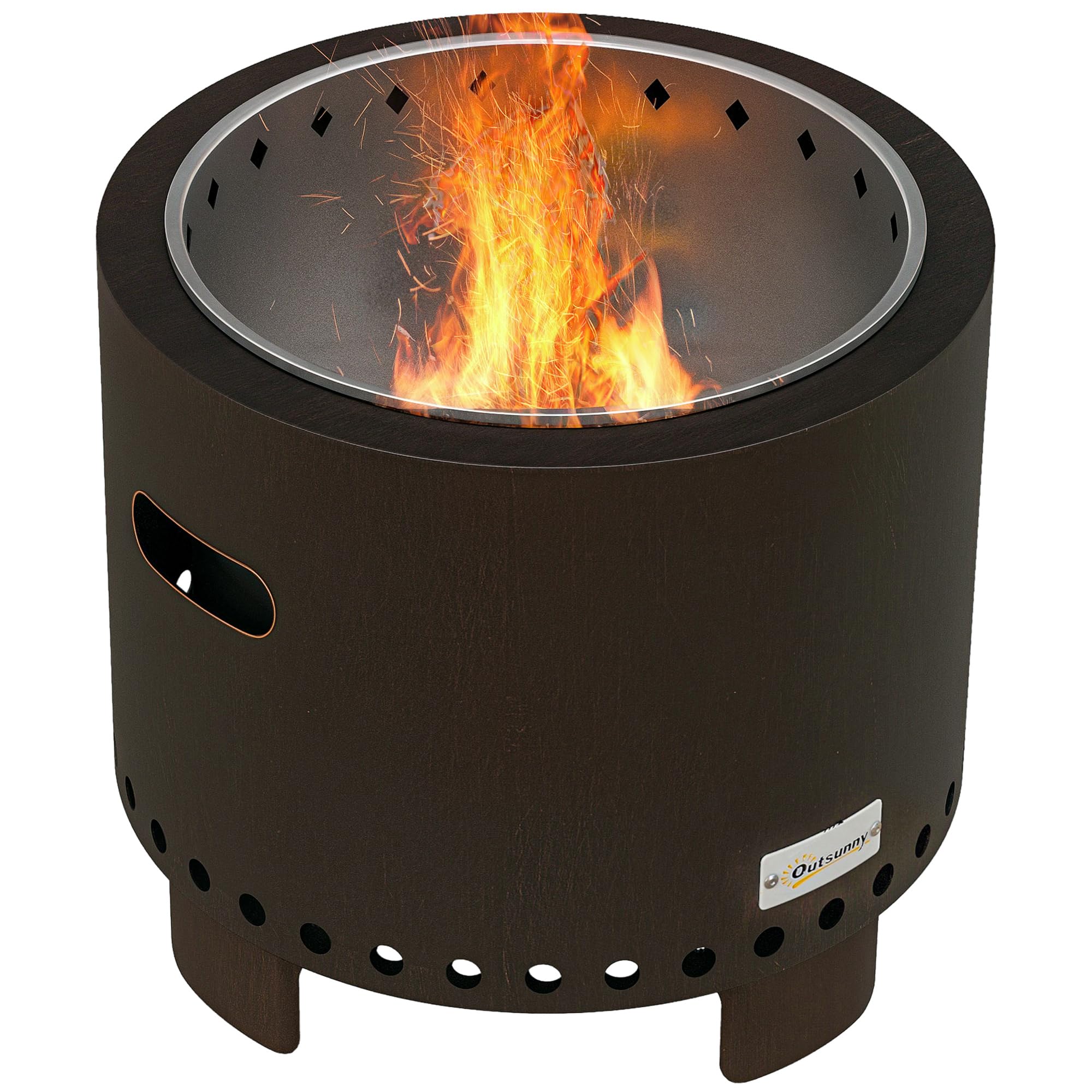 Outsunny Smokeless Fire Pit, 45cm Portable Wood Burning Firepit with Poker, Stainless Steel Liner for Garden Camping Bonfire Party, Metal, Black