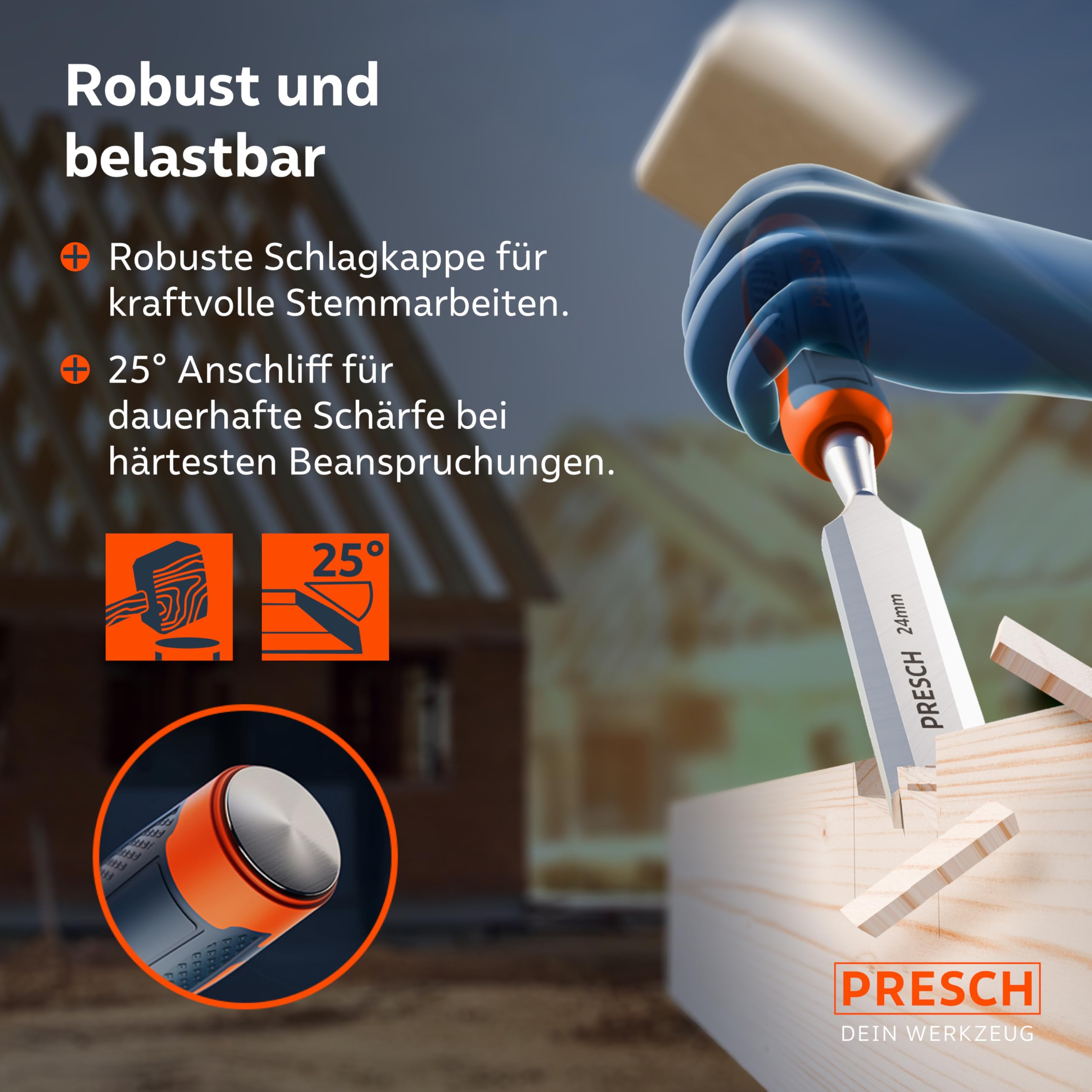 Presch Stechbeitel Set 6tlg. für Holz inkl. Tasche - Stemmeisen 6-38mm Profi Stecheisen 25° Keilwinkel