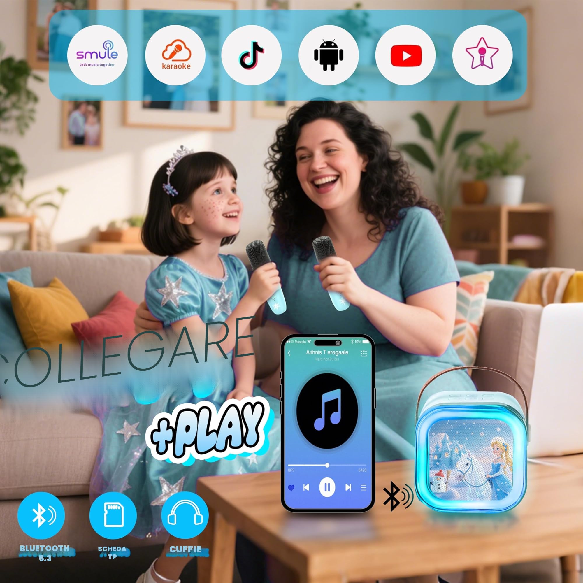 Karaoke per Bambini con 2 Microfoni Wireless Bluetooth Cassa, Regalo Giochi Bambina 3-7 Anni
