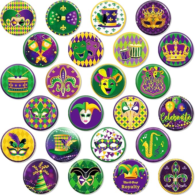 48 Pack Mardi Gras Mini Button 1.56 Inch Round Mardi Gras Pins Mardi Gras Pin Badges