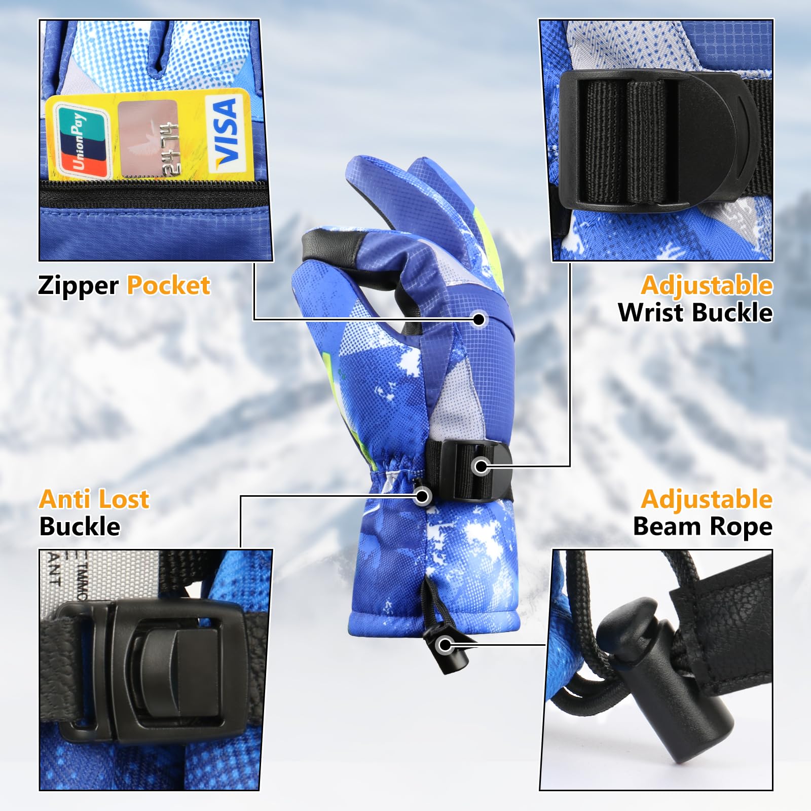 Guanti da sci, guanti da inverno, guanti da neve da sciare e da snowboard, guanti da freddo, per entrambi i sessi, per genitori e bambini, braccialetto con braccialetto