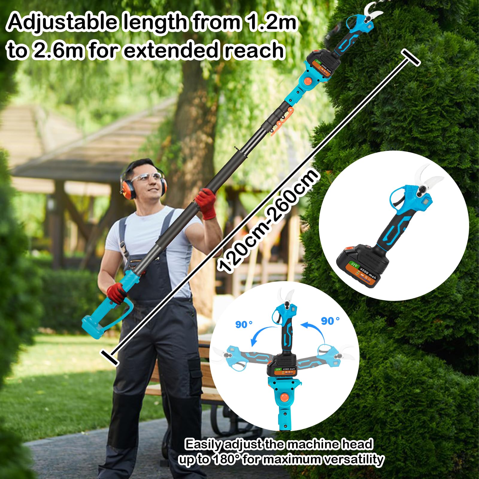 Juego de jardín 4 en 1 con batería de cortasetos telescópica de 3 cm, motosierra de 6 pulgadas, podadora y accesorios, batería de 21 V, barra telescópica de 2,6 m, 2 x 4000 mAh de litio