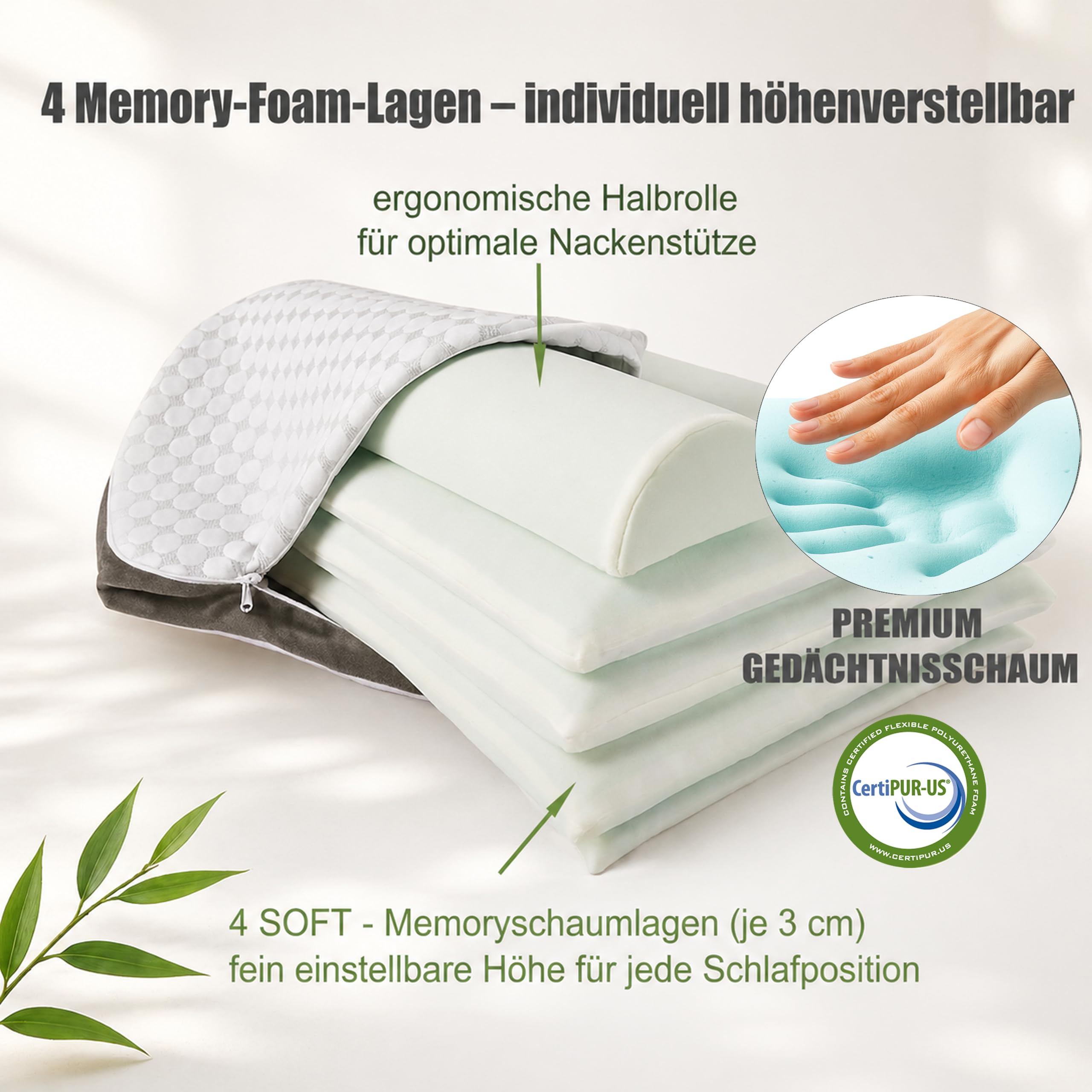 Nackenkissen Memory Foam – ergonomisches Kopfkissen 55x35x12 cm, höhenverstellbar -Seitenschläferkissen -Bauchschläferkissen - Rückenschläferkissen