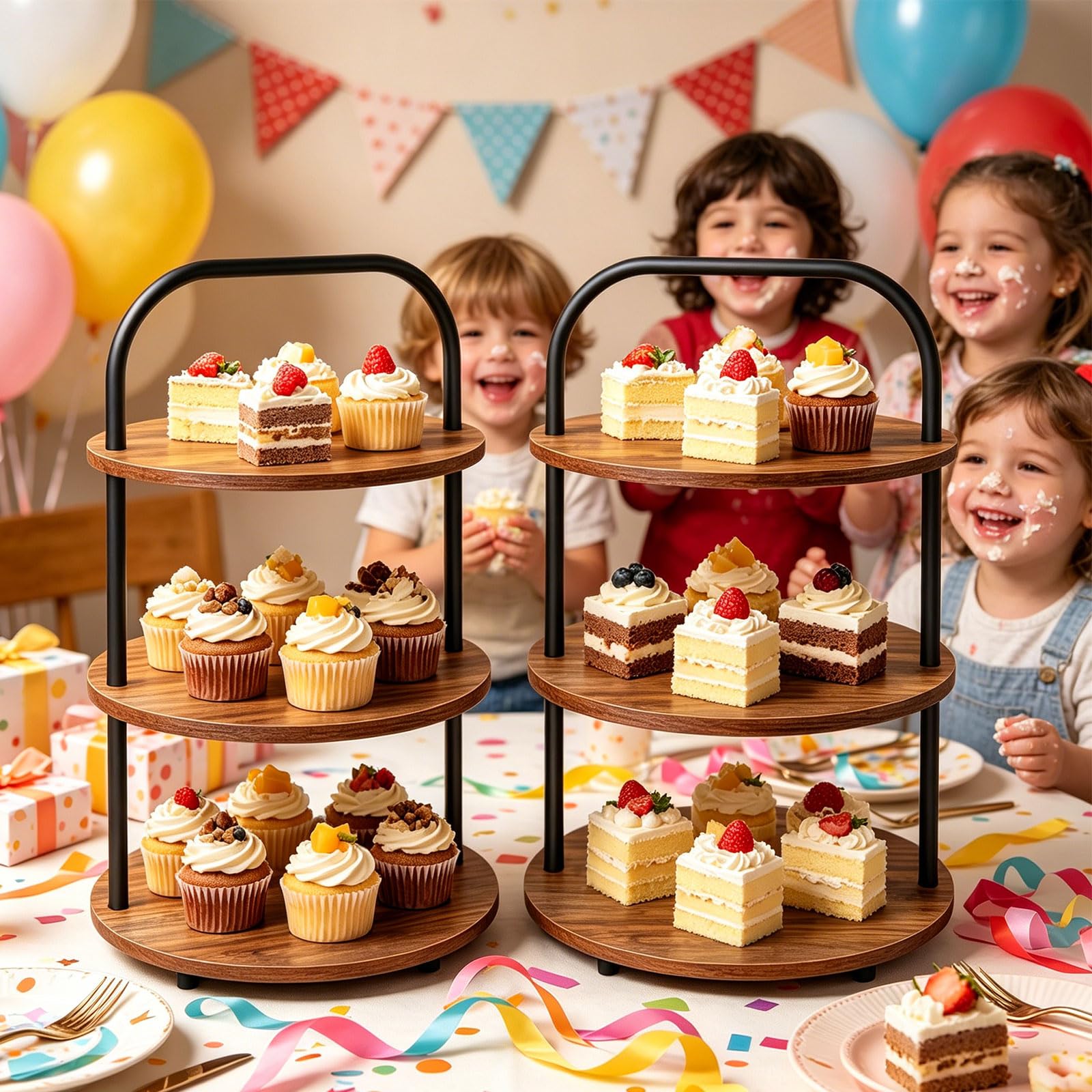 2Pcs KuchenstäNder Aus Holz, 3-Etage KuchenstäNder FüR 100 Cupcakes, GroßEr Runder KuchenstäNder Aus Holz mit Metallgriff, Geeignet Für Den Nachmittagstee, Hochzeiten, Party
